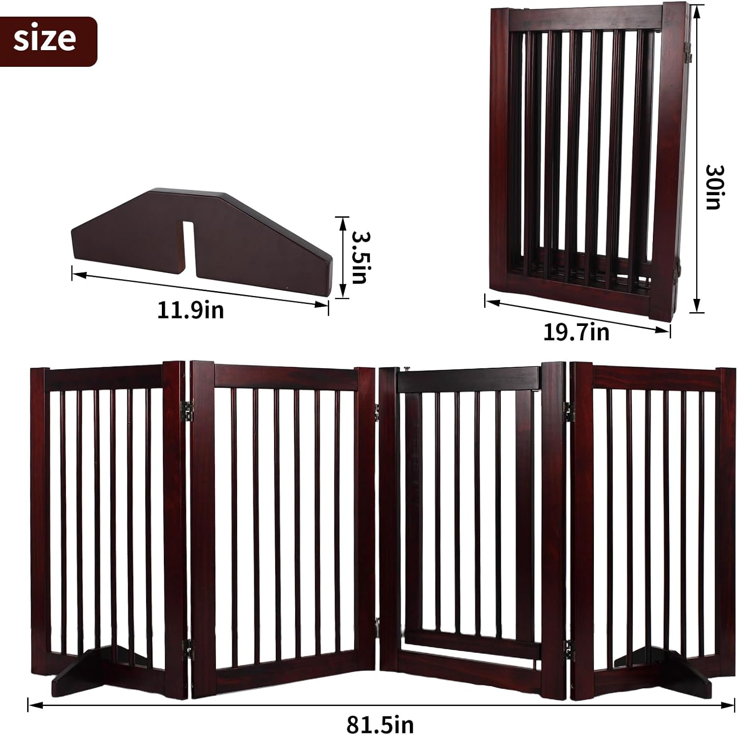 Wooden Freestanding Pet Gate, Pet Gate for Dogs, 29.5inch 4-Panel Wooden Dog Fence with 2 Support, Feet Folding Dog Gate for Indoor, Doorway, Stairs, Kitchen, 81.5“L×30”H (Brown)