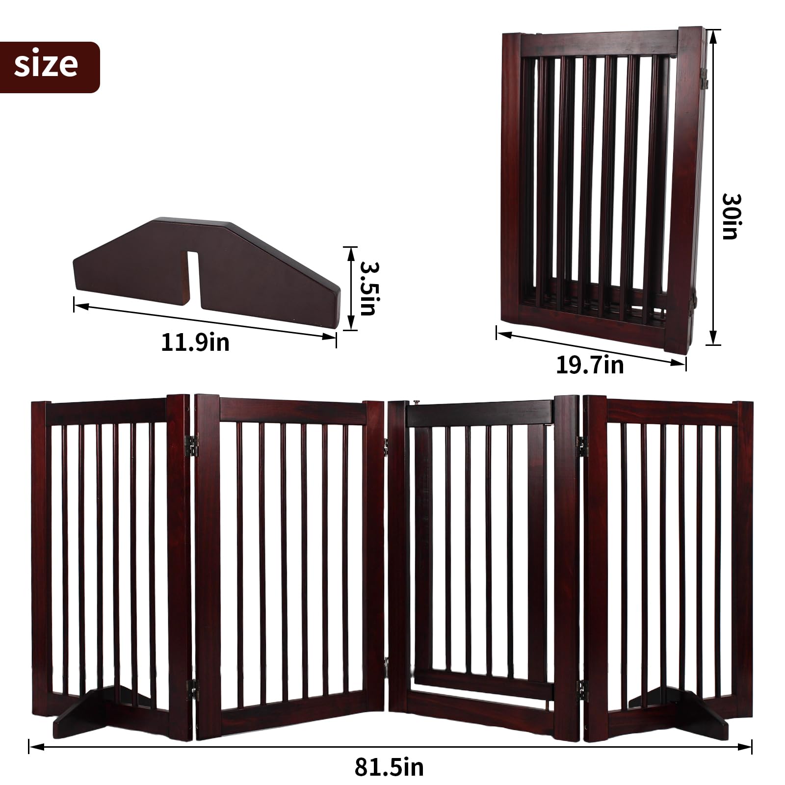 RedFinches Wooden Freestanding Pet Gate, Pet Gate for Dogs, 29.5inch 4-Panel Wooden Dog Fence with 2 Support, Feet Folding Dog Gate for Indoor, Doorway, Stairs, Kitchen, 81.5“L×30”H (Brown)