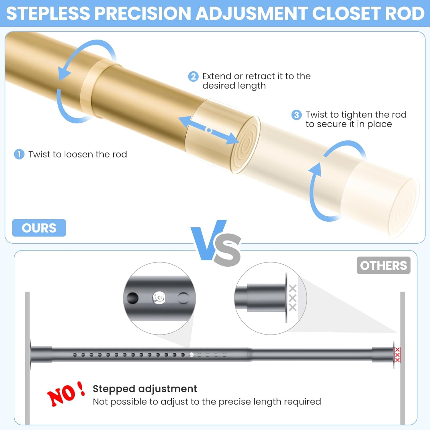 Closet Rods for Hanging Clothes, 17 to 69 Inch Heavy Duty Stepless Adjustable Closet Hanging Rod, 1.3 Inch Diameter Metal Closet Rod for Wardrobes Laundry Bedroom RV, Gold