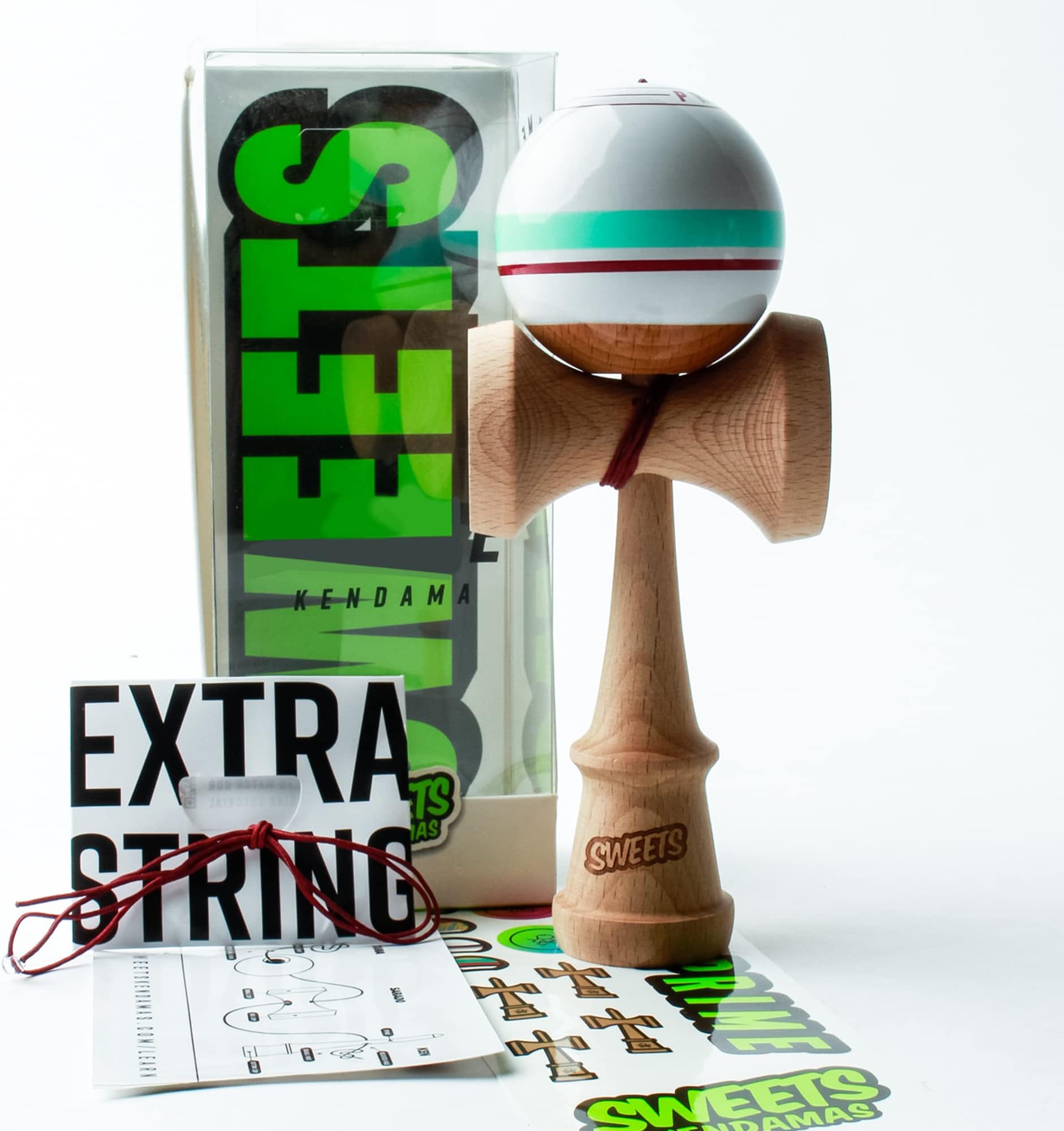 Sweets Kendamas Boost Sport Stripe Kendama - Sticky Paint, Improves Hand Eye Coordination, Reflexes, Stripe Design, Extra String Accessory Gift Bundle (Avalanche)