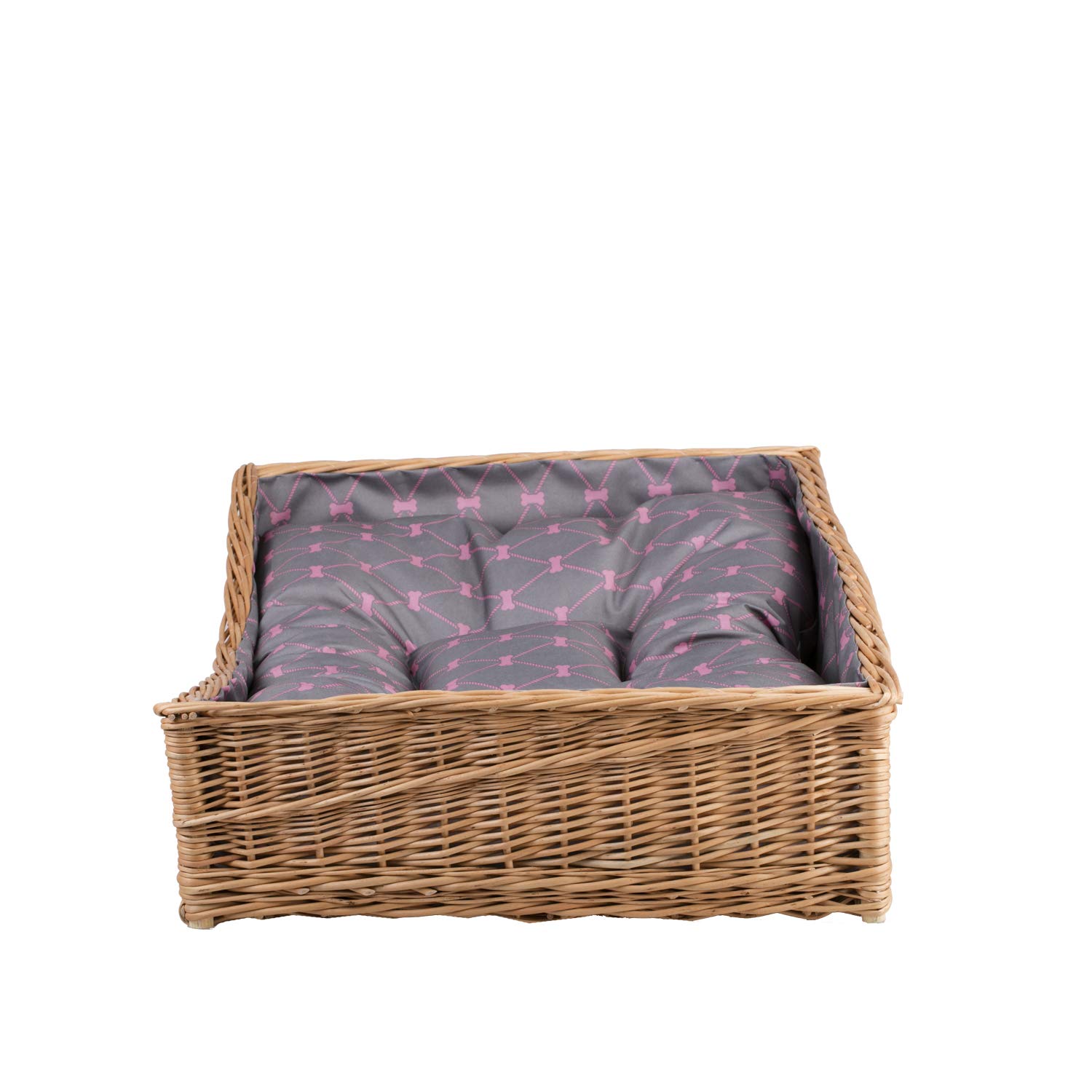 Cama de Mimbre para Perro con cojín, Cesta Hecha a Mano de Mimbre Natural, Transpirable y Estable, Cama ecológica para Perro Interior hogar (cojín Gris)