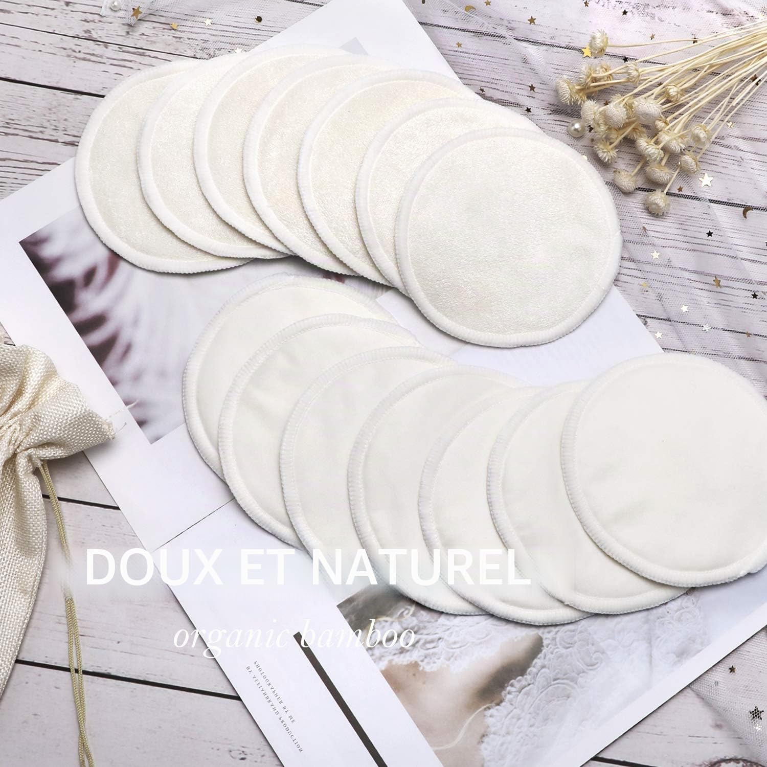 PHOGARY 14PCS Coussinets d'allaitement lavables, Réutilisable Bambou Bio Coussinets d'allaitement avec Sac à Linge et Sac de Rangement - Absorbant, hypoallergénique, Tapis écologiques d'allaitement