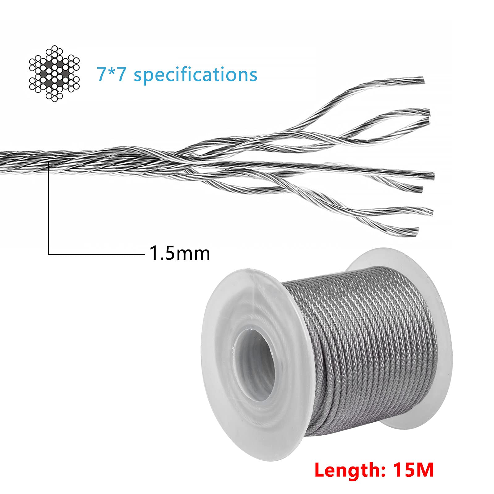 Kit Câble Acier Gainé PVC 15 M Avec Tendeurs - Pour Suspension, Corde à Linge, éclairage
