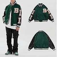 Vista 2 de Chaqueta universitaria para hombre, chaqueta universitaria de cuero cosido, unisex, ropa de calle, abrigos vintage con parche