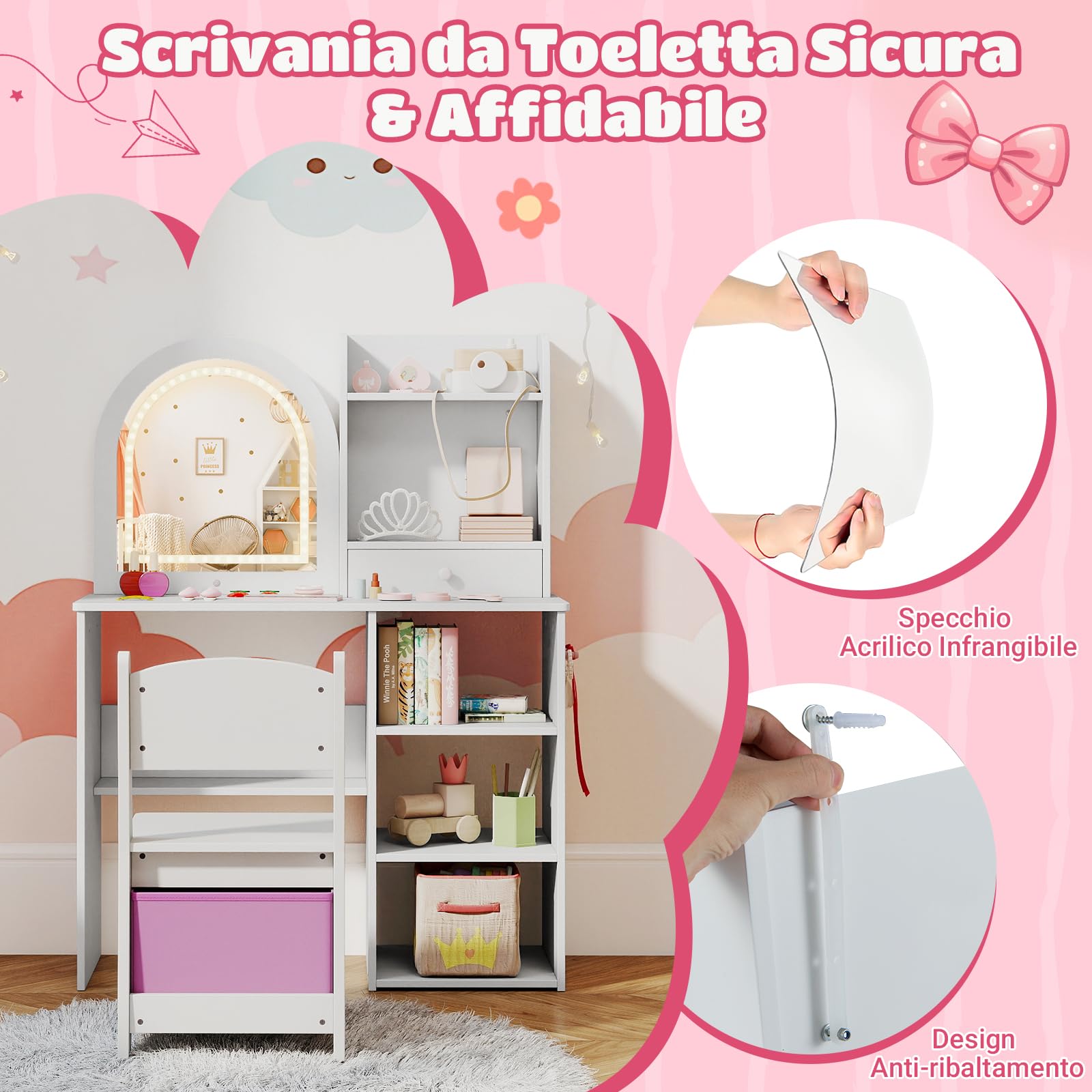 COSTWAY Toeletta Trucco per Bambina con Sgabello, Tavolo Trucco in Legno con Specchio Luci LED, Ripiani Aperti, 3 Ganci e Cassetto, Set Mobile da Principessa con 5 Giocattoli per 3+ Anni (Bianco)