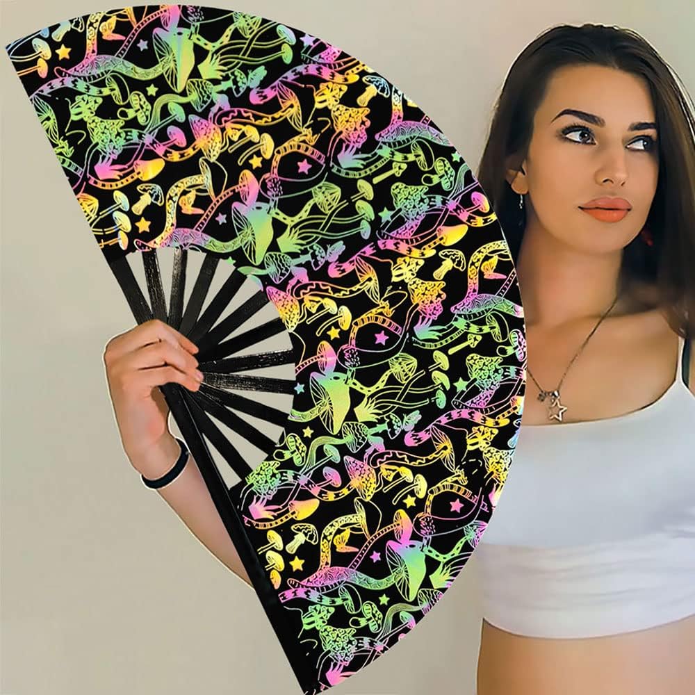 Lridescent Holographic Large Rave Bamboo Folding Clack Hand Fan With Holster for Men/Women Handheld Fan for EDM,Music Festival,Club,Freaky,Party,Dance,Performance,Decoration,Gift