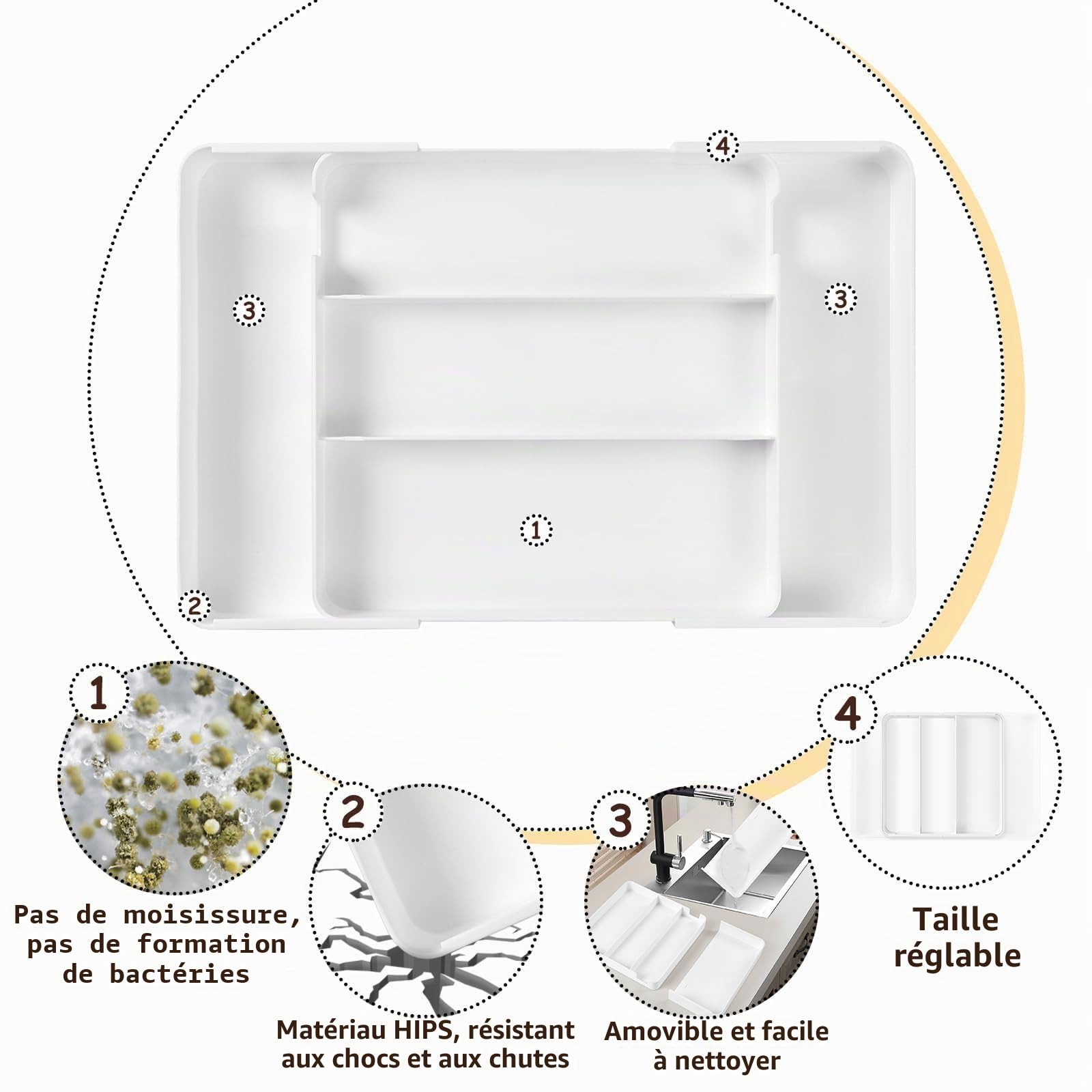2 Pièce Range Couvert Tiroir Extensible, Rangement Couvert | Profondeur 27 cm, Extensible Jusqu'à 45,5 cm, Range-couverts Amovible, Organisateur Couverts Tiroir avec 5 Compartiments