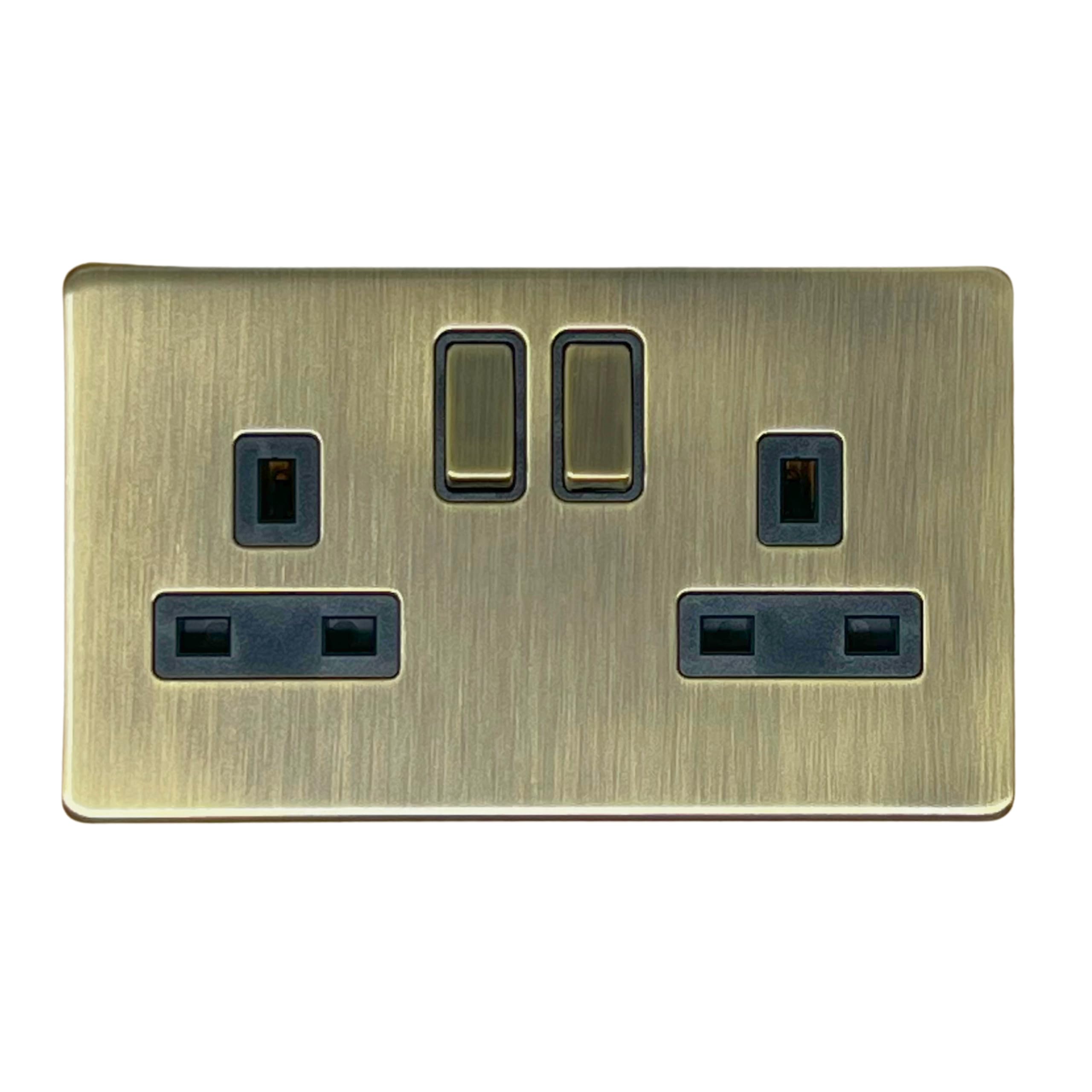 EVOGES Terra 2 Gang 13A Double Pole Switched Socket โ Decorative Wall Power Outlet, Twin Plug Socket, Fits Standard UK Back Boxes, UK Wiring Accessories (Antique Brushed Brass) โ image 1