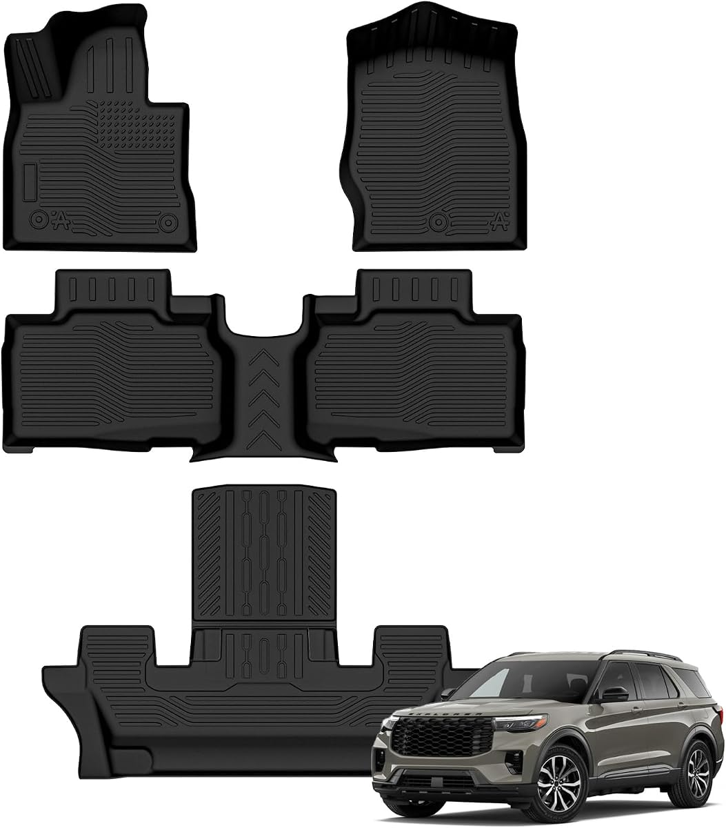 AUXKO All Weather Floor Mats for Ford Explorer 6&7 Seater 2026-2020 | High Wall,All-Weather,All Season,Odorless,Anti Slip,Rain&Salt Resistant,TPE Material,Black,Accessories,Pet Friendly