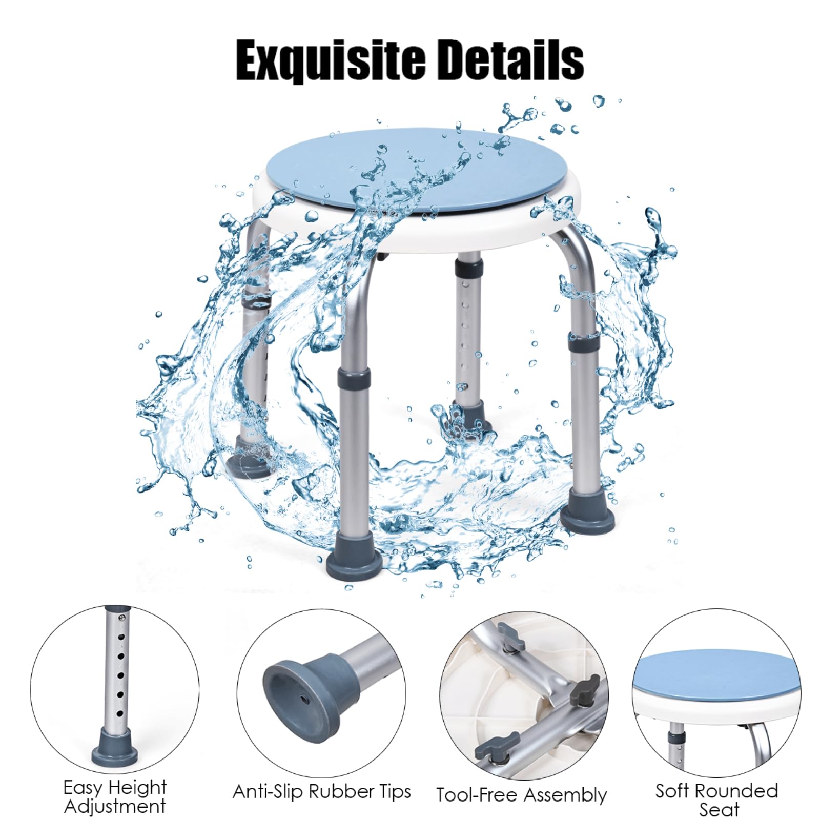 Taburete de ducha ajustable, asiento redondo giratorio de 360° con almohadillas de goma antideslizantes, silla de aluminio ajustable en altura para ancianos, discapacitados y embarazadas