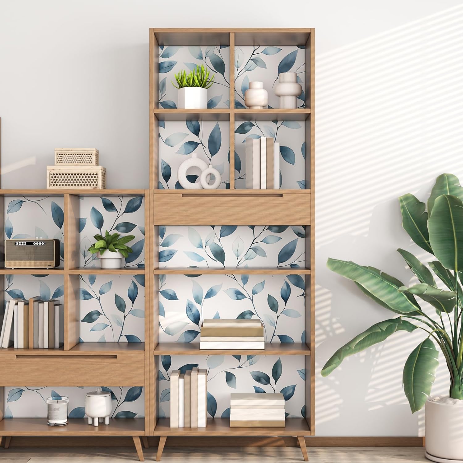 Fvlow Blue Leaf Wallpaper Peel and Stick Boho Floral Leaf Self-Adhesive Contact Paper 17.4" x 394" Vintage Watercolor Floral Waterproof Wall Paper for Bathroom Bedroom Countertop Desk Cabinets Decor