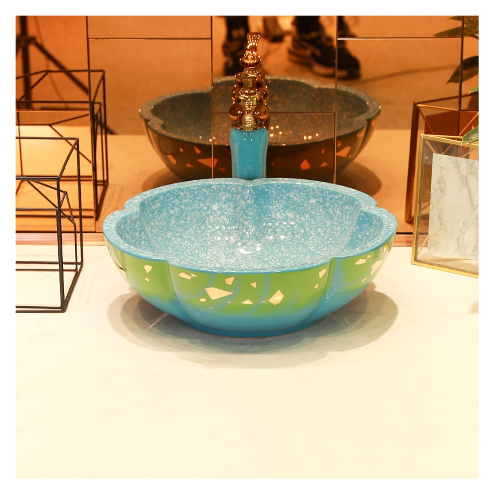 WOTZOV Petal Shape Vessel Sink,Bathroom Artistic Porcelain Vessel Bowl With Faucet Pop-Up Drain,B B