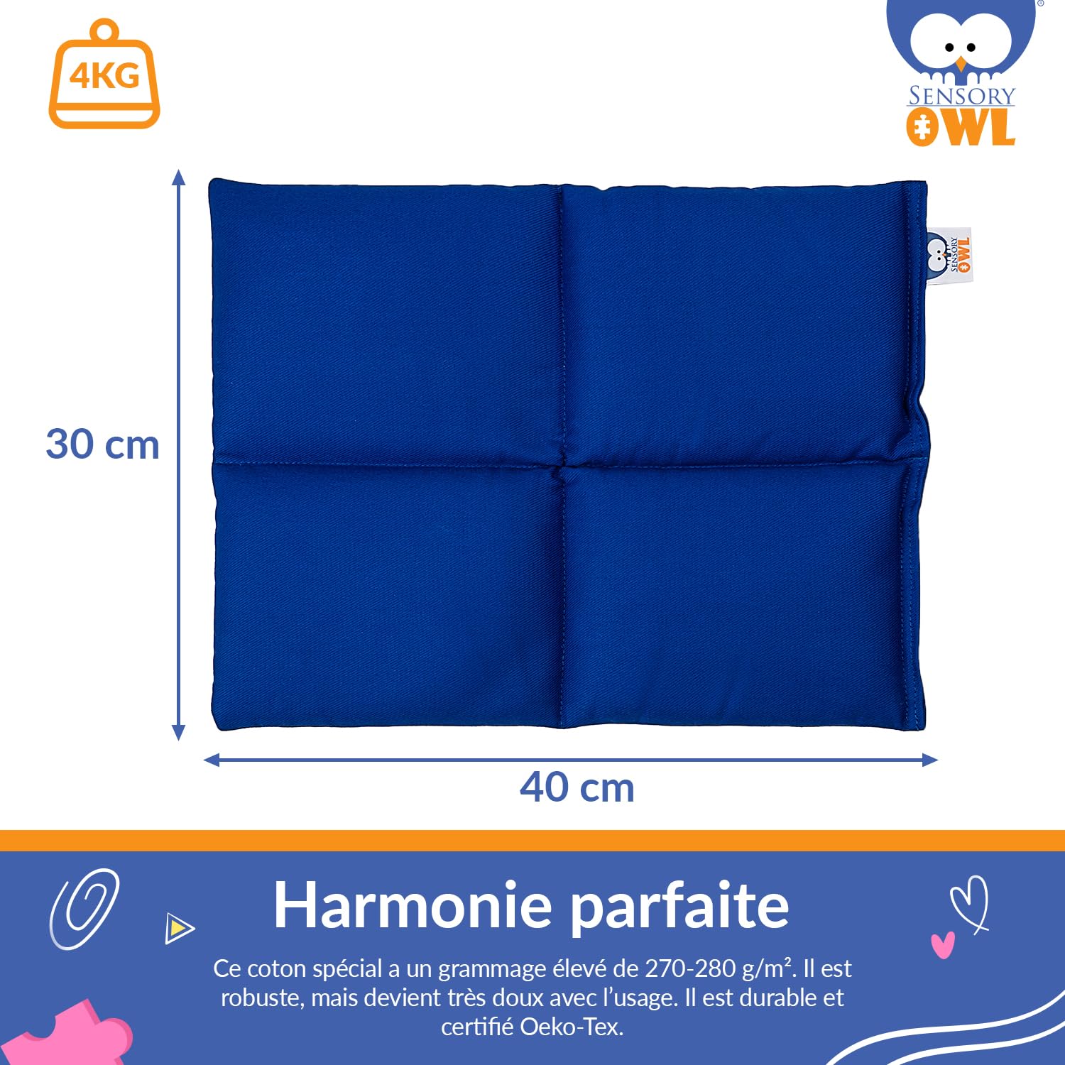 Coussin Lesté Coussin Pondéré pour Genoux Thérapeutique en Coton pour Enfants Adultes Réduction du Stress 30 x 40 cm 4 kg Bleu