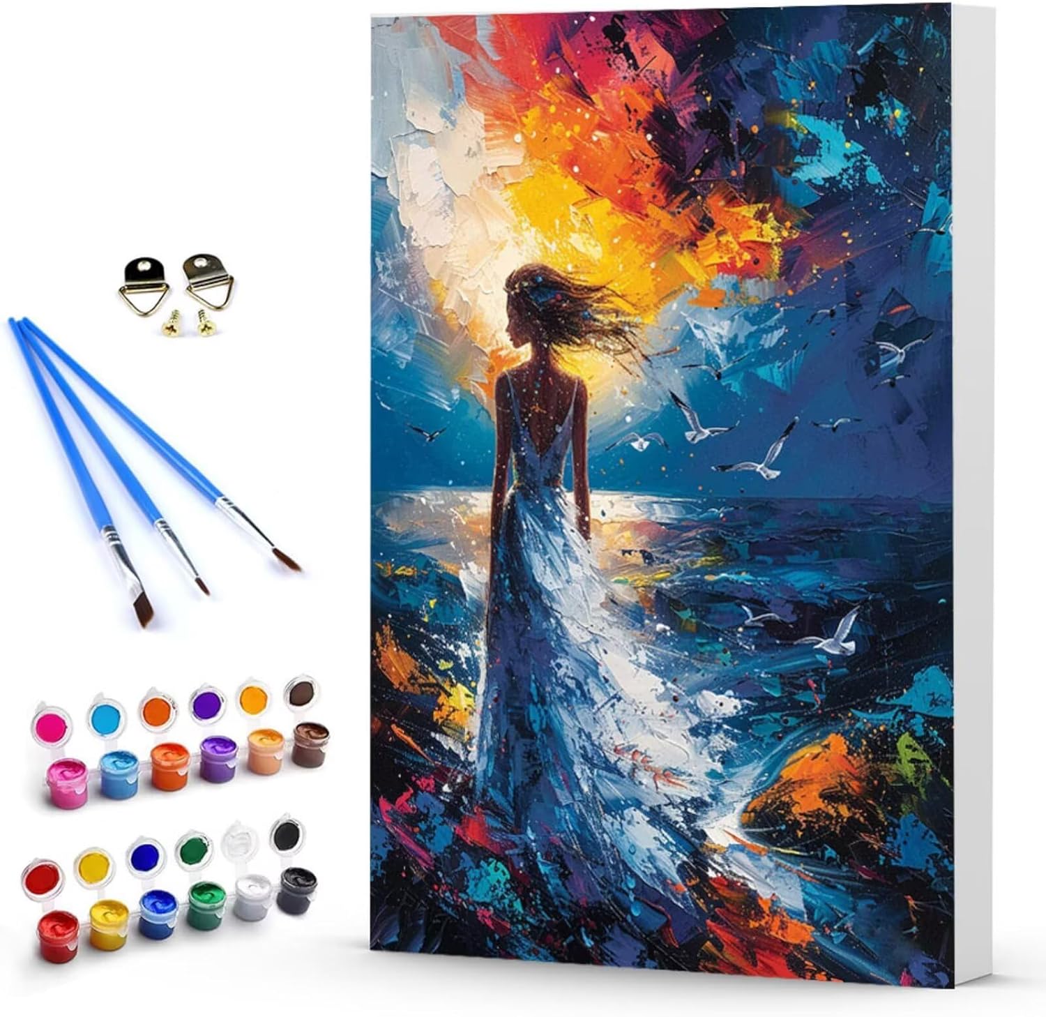 数字油絵 女性 ナンバーペイント カモメ, フレームレスDIYキャンバスペイントキット,ブラシ3本とアクリル絵の具が付属 初心者でも