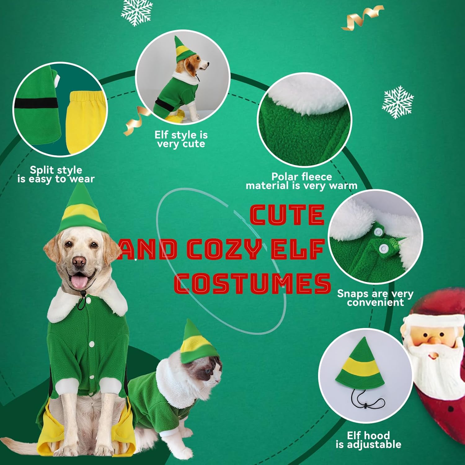Dog Elf Christmas Outfit with Cap, Funny Party Cosplay Winter Warm Dogs Christmas Outfit (Green, X-Large)