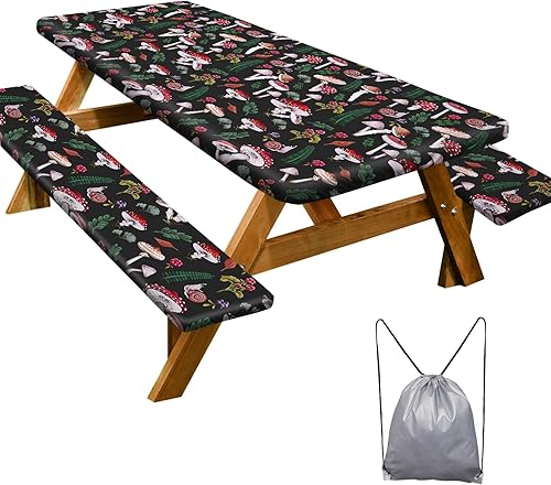 Mantel de mesa de picnic con fundas de banco de 6 pies, 3 piezas, impermeable, resistente al viento, mantel de camping estético con bolsa con