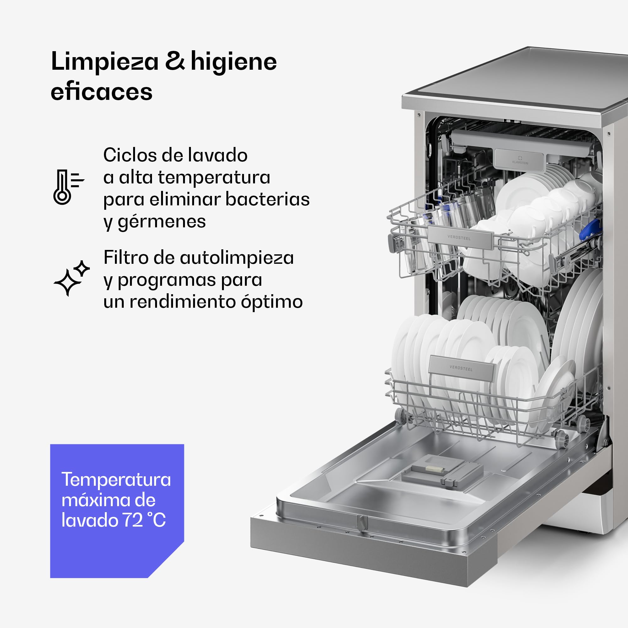 Klarstein Verosteel Lavavajillas 45cm Independiente - 10 Cubiertos, 9 Programas, 42 dB, Clase B, Plata, AquaStop & Bloqueo Infantil, Lavavajillas Compacto
