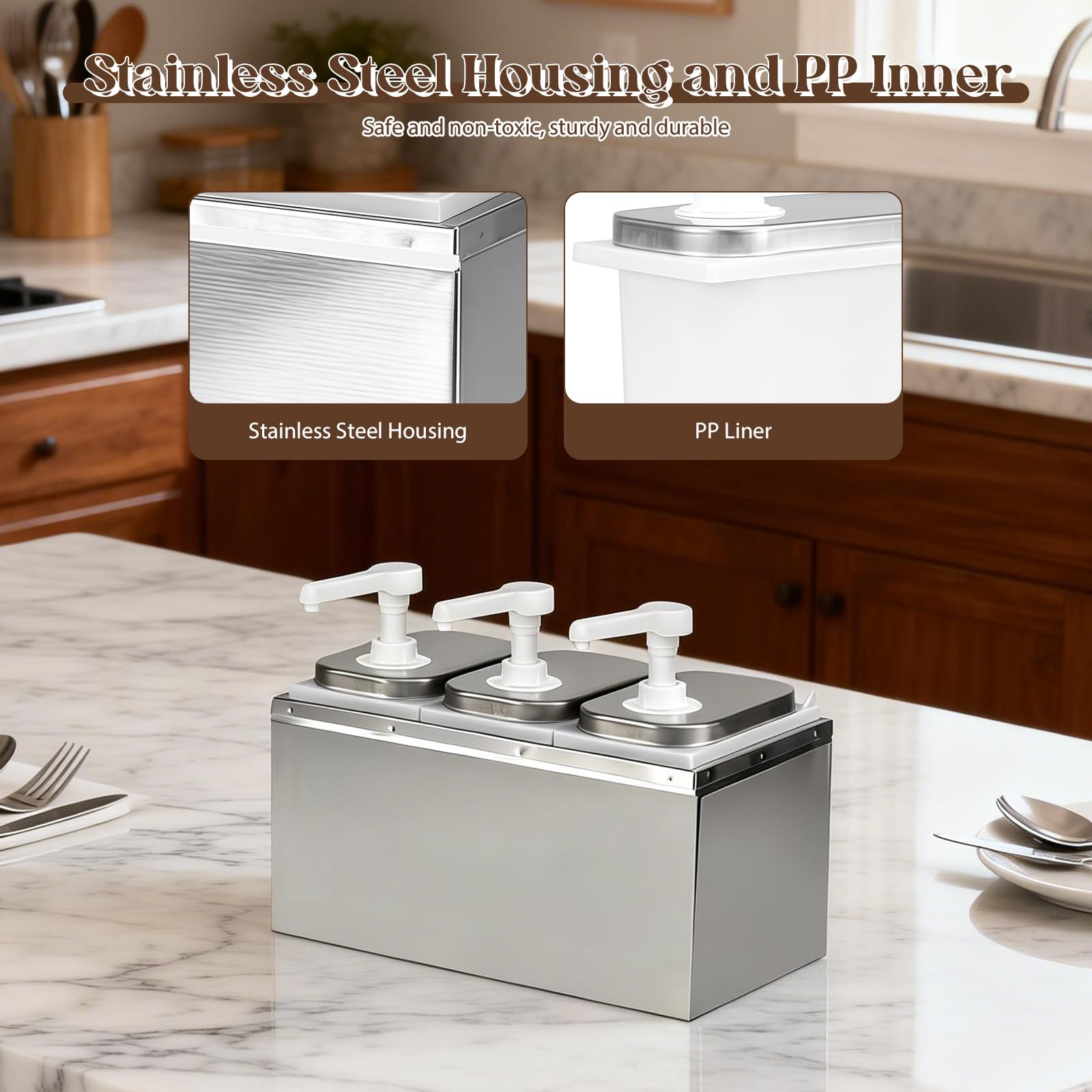 Dispenser per salse da 6 l, con 6 pompe girevoli a 360°, erogatore per salse, in acciaio inox 304, ideale per condimenti per insalata, senape, miele, marmellata, salsa al cioccolato