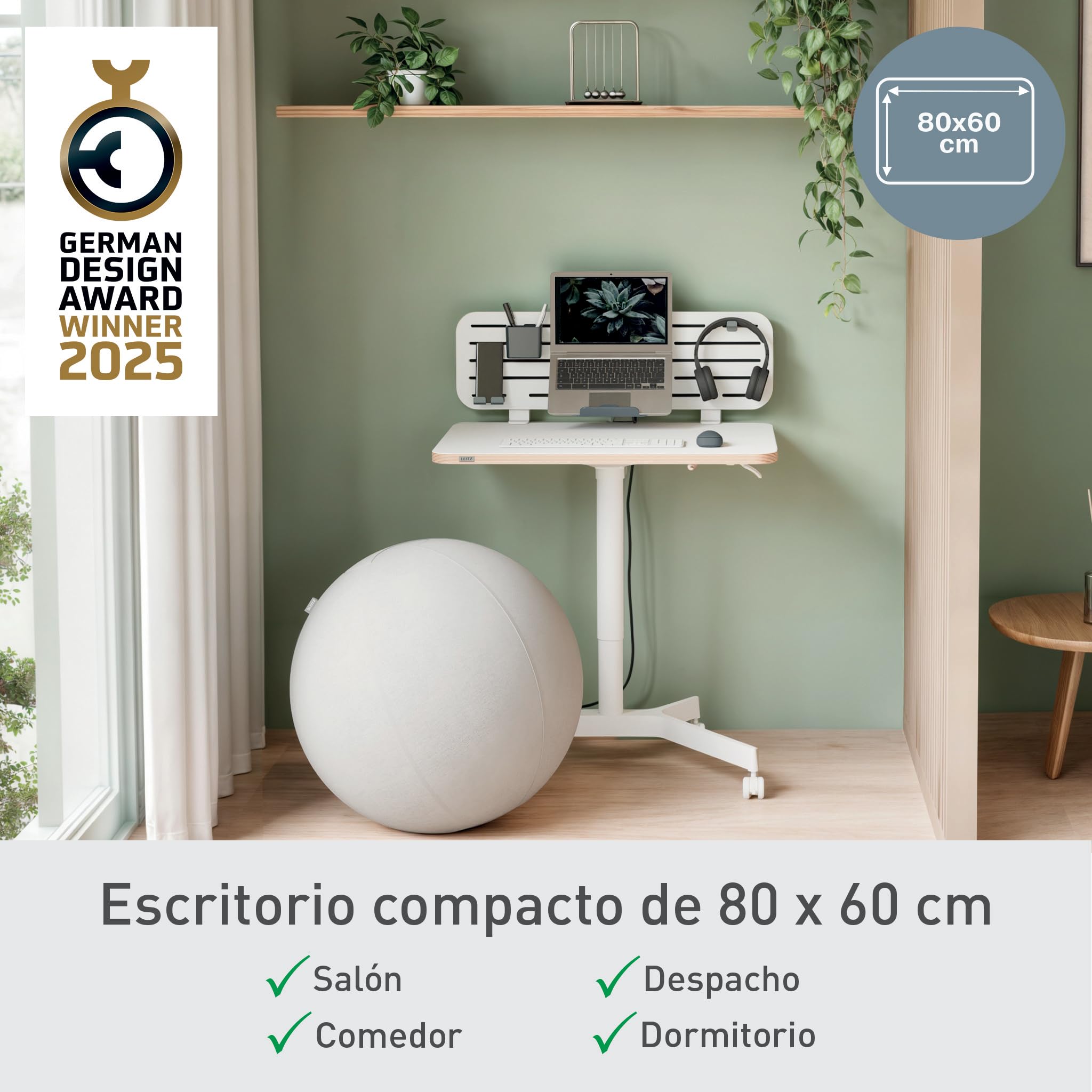 Leitz 65360001 - Escritorio Ergo Elevable Compacto, Ajuste de Altura Mediante Mecanismo Neumático, Carga de Hasta 20 kg y Ruedas Integradas, 80 cm x 60 cm, Gama Ergo, Manual Blanco