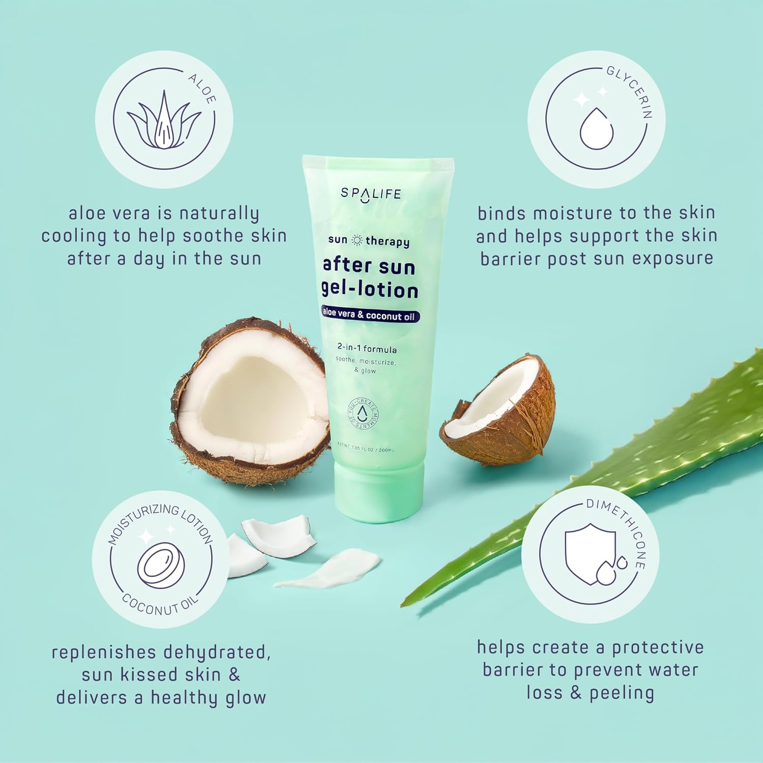 SpaLife After-Sun-Gel Lotion and Moisturizer for Sunburn Refelief - Two in One Formula, Infused with Aloe, Coconut Oil and Hyaluronic Acid - 2 Pack - Image 6