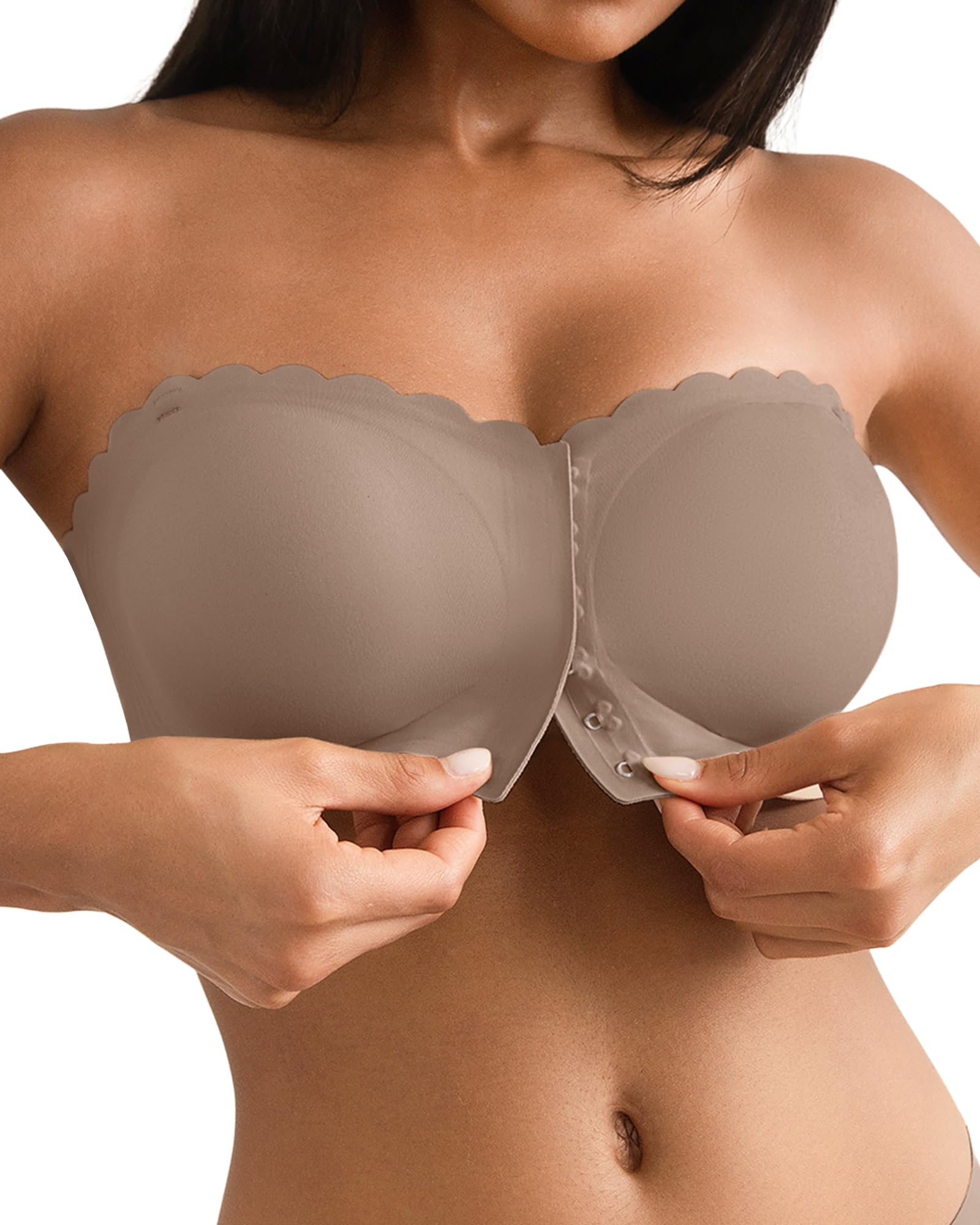 SHARICCA BH Ohne Träger Damen - Mit Verschluss Vorne Trägerloser BHS Bequem Rutschfestes Nahtlose Bandeau Top Mit Transparenten Trägern