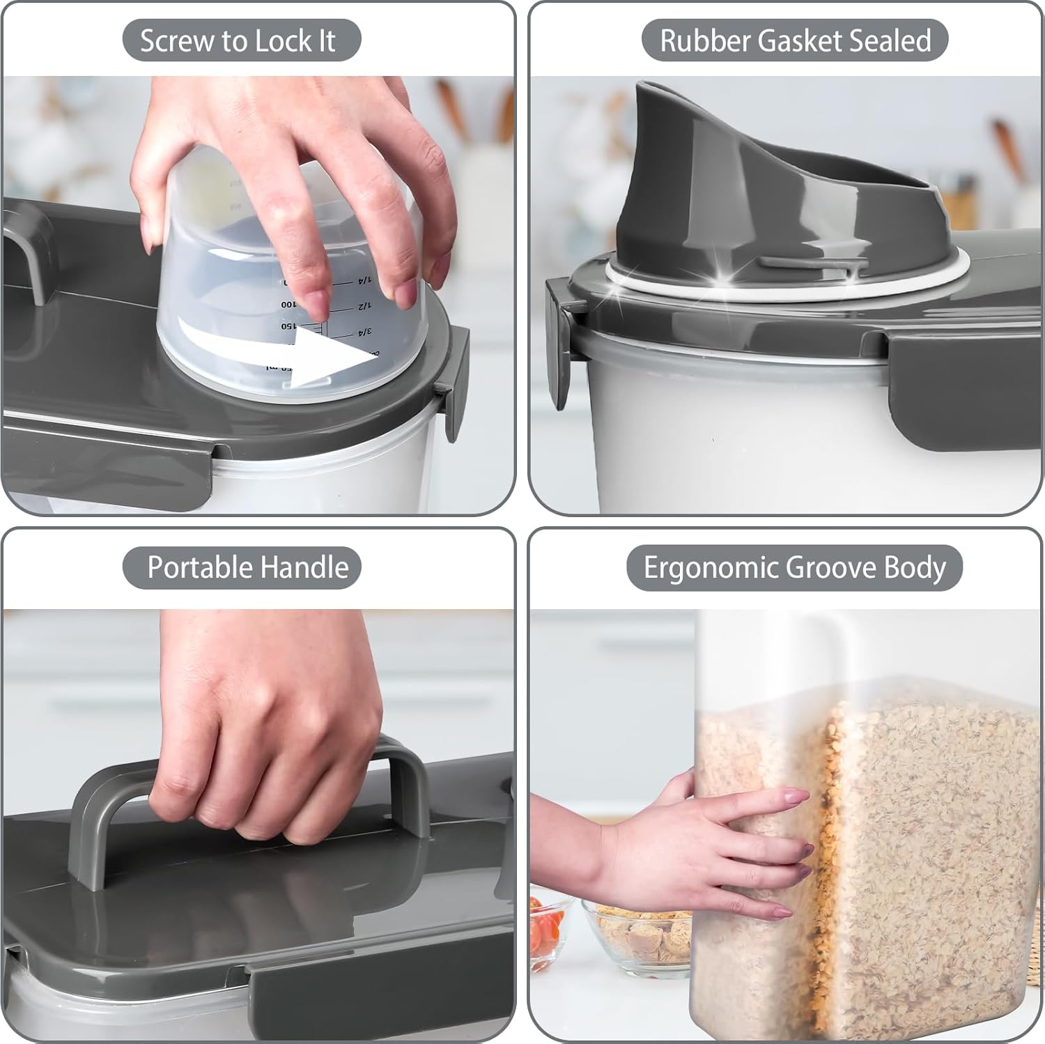 Rice Storage Containers, Airtight Cereal Containers Storage, BPA Free Rice dispenser for Flour, Pasta, Grain and Baking, Pet Dog Cat Bird Food Container 20lb+ 10lb Grey