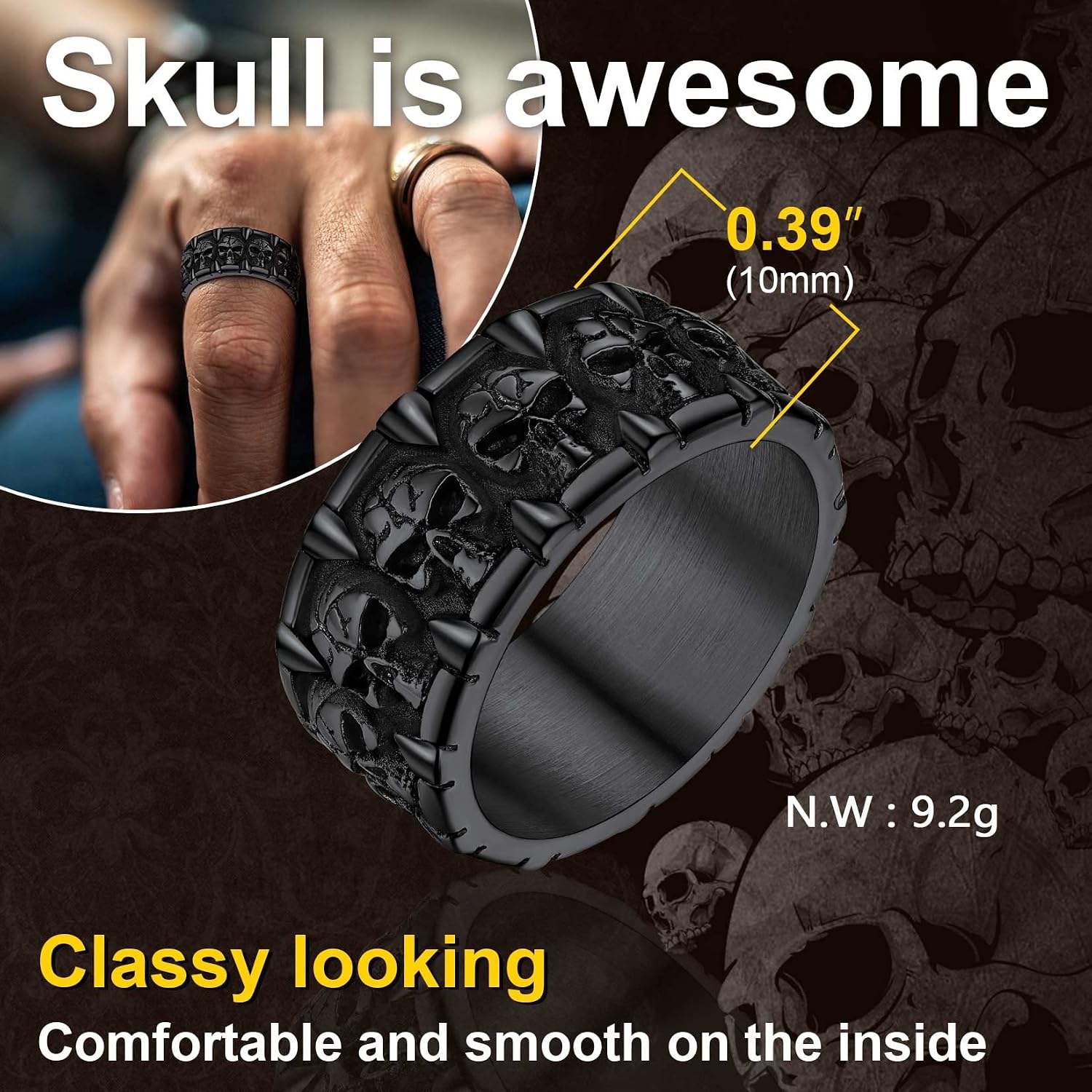 ChainsProMax Goth Rings for Men, Mens Rings Stainless Steel in Black, Gold & Silver, 10mm Width, Size 7-14, Smooth Inner Fit, Heavyweight Premium Feel, with Gift Box