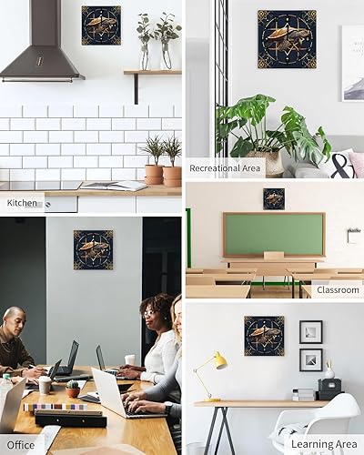 Miniatura 5 de Sea Turtle Wooden Wall Clock Silent Non Ticking, Yellow Geometric Line Coastal Navy Blue Square Wall Clock Battery Operated, Decor Clock for Home