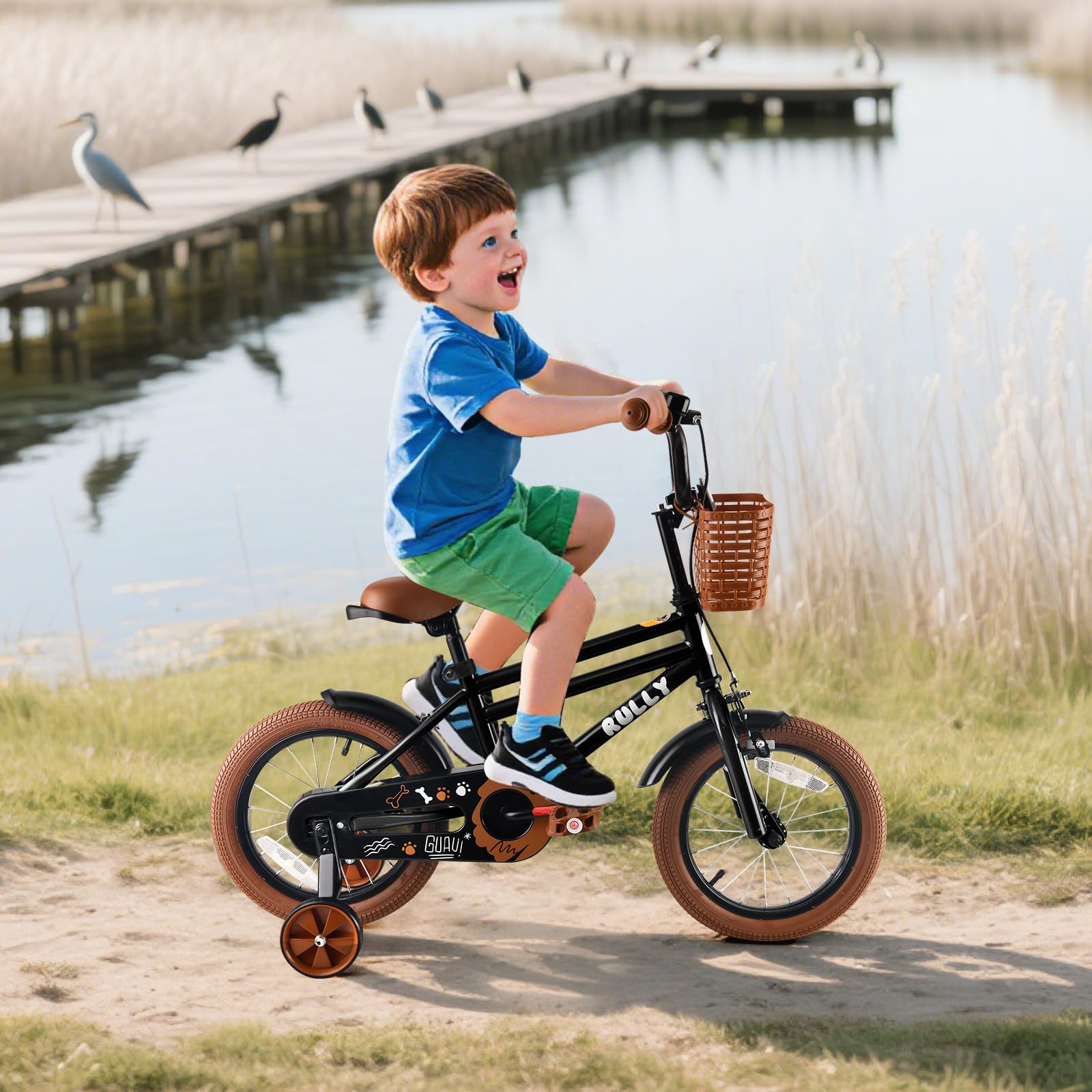 RULLY 12–16 Zoll Jungenfahrrad für Kinder von 2–6 Jahren – Fahrrad mit Stützrädern, Rücktrittbremse & Handbremse, Frontkorb – Blau, Schwarz, Grün
