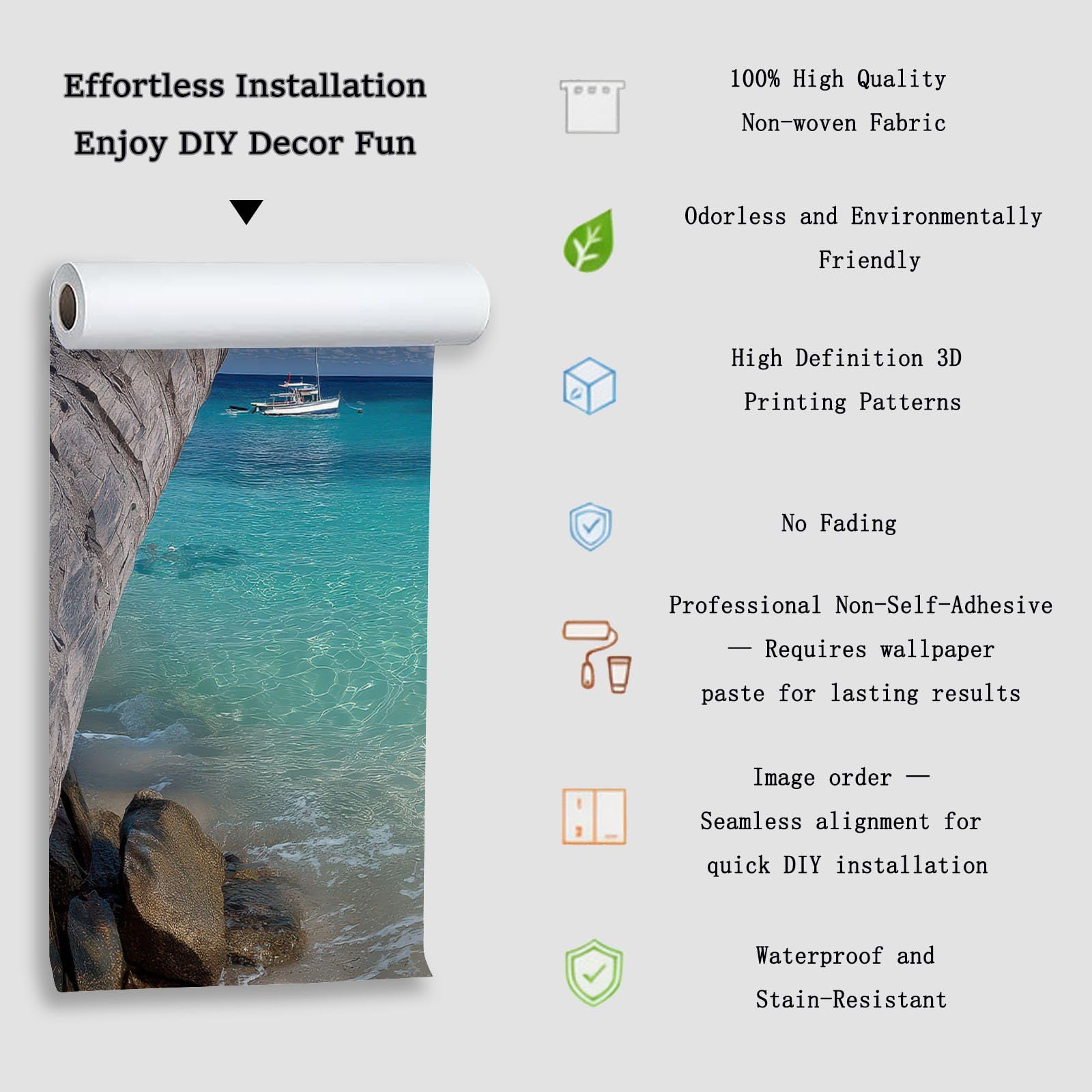Papier Peint Panoramique Côtier Tropical Vacances 3D Panoramique Papier Peint Palmier Plage, Papier Mural Decoratif Pour Salon, Chambre, Tapisserie Murales, Décoration Murale 400 x 280 cm