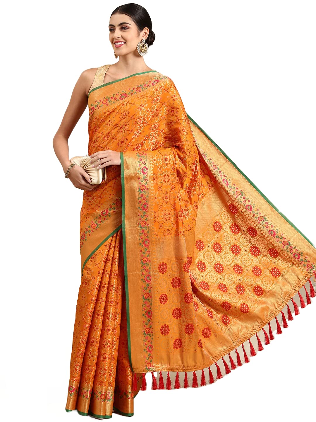 Pandadi SareeWomen's Banarasi Silk Patola Saree With Blouse Piece, Yellow1, One Size