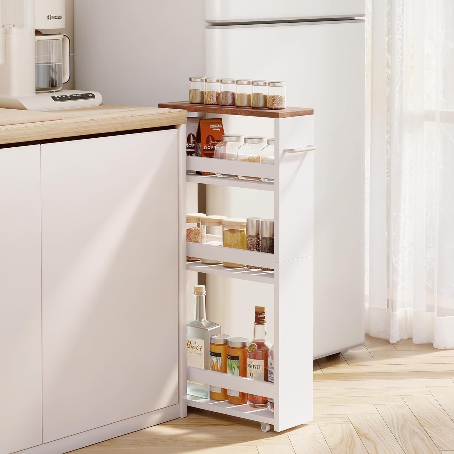 SUPER DEAL 4 Tier White Slim Storage Cart with Wheel & Handle, Slide Out Storage Rolling Utility Cart Mobile Shelving Unit Organizer Trolley for Kitchen Bathroom Laundry Narrow Places, White