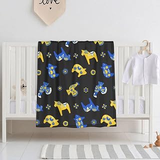 DKJlitter Baby Blanket for Boys Girls, Swedish Folk Dala Farm Animals l Blue and Yellow Super Soft Comfy Toddler Baby Newborn Double Layer Blanket Shower Gifts for Stroller & Crib 30 x 40 Inch