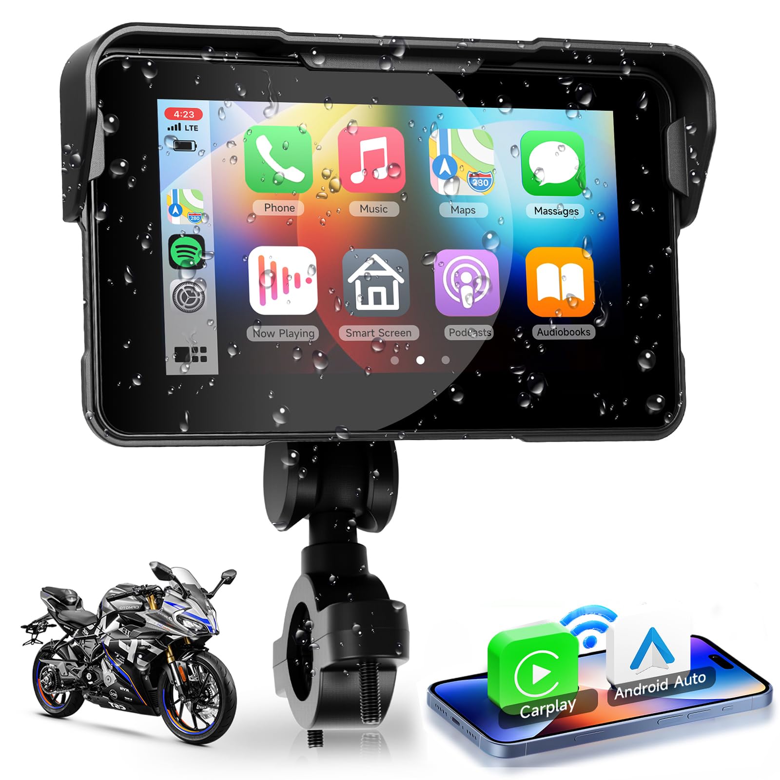 VECHTEL Kabelloser CarPlay Bildschirm 5 Zoll für Motorrad-Tragbares CarPlay & Android Auto,Wasserdichter Touchscreen mit Dual-Bluetooth,NAV/Siri Assistant/12V,Unterstützt Reifendruckkontrolle