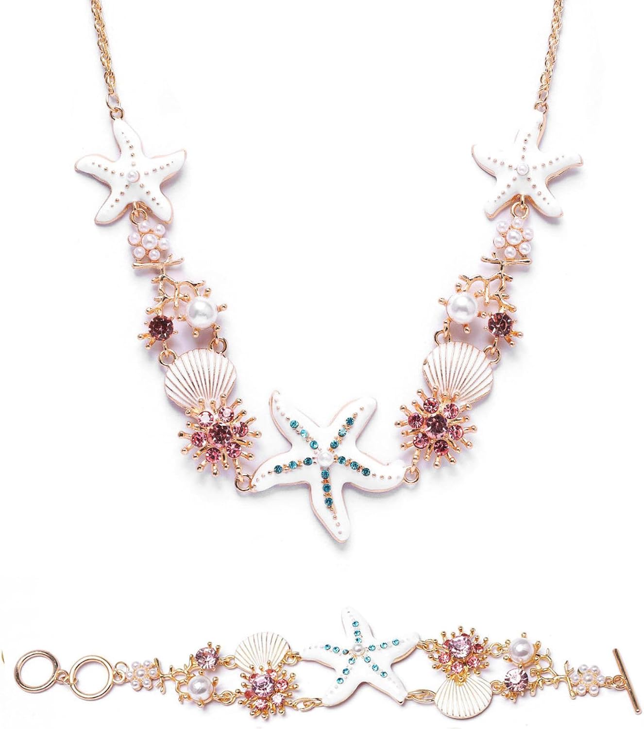 Starfish shell necklace bracelet 2-piece set Women's Versatile Summer Seaside Travel Photo Clavicle Chain Sweet cool beauty style accessories