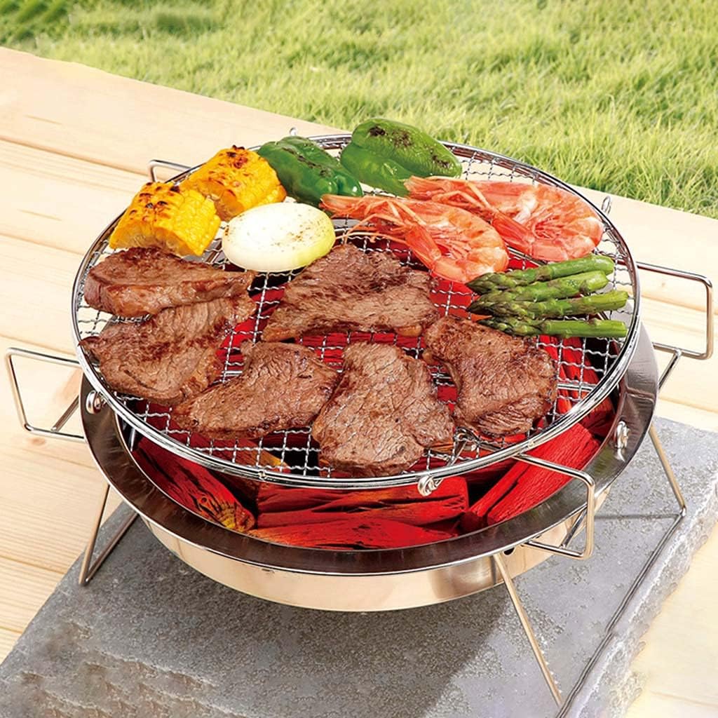 Stainless Steel Round Barbecue Rack Folding Campfire BBQ Charcoal Grill Combo