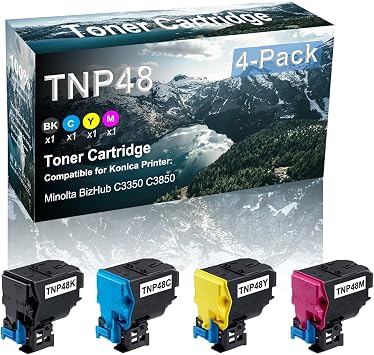 4 Pack BK+C+Y+M Compatible High Yield Minolta BizHub C3350 C3850 Imaging Toner Cartridge Replacement for Konica TNP48 | TNP48BK TNP48C TNP48Y TNP48M Toner Cartridge