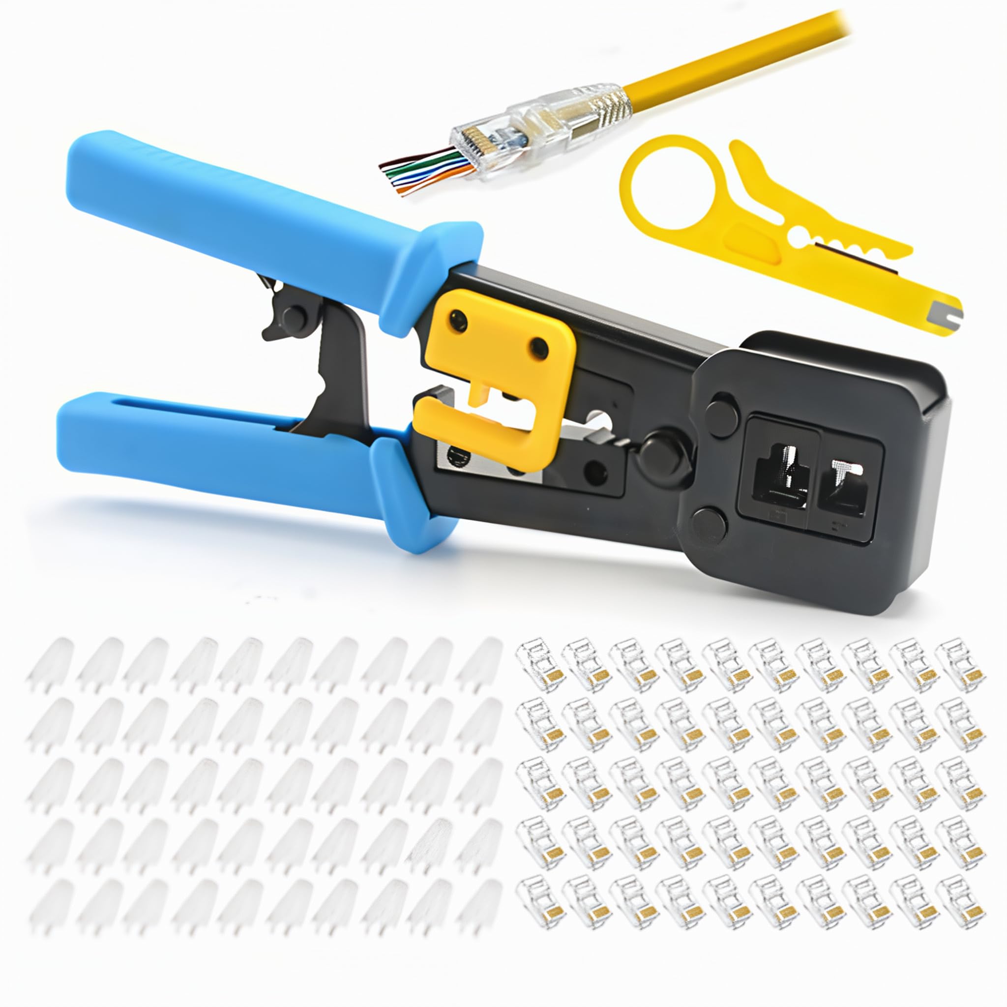 Beauenty RJ45 Crimp Tool Pass Through Connector End With Cat6 Crimping Tool Kit for RJ45/RJ12 Regular,50 Cat6 straight-through connectors, 50PCS Covers and Mini Wire Stripper (A)