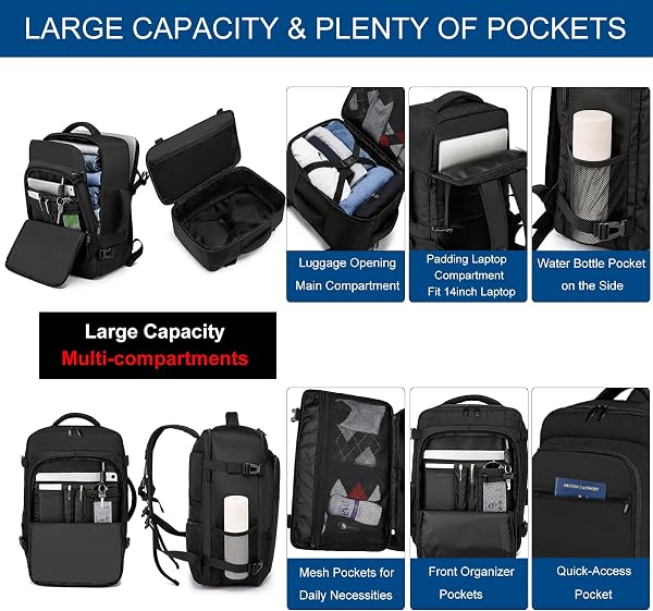ENZOSUM Mochila Viaje Cabina Avion 40x20x25 para Ryanair Equipaje de Mano 40x20x25 Ryanair Mochila Cabina para Ryanair, Bolsa de Viaje Ryanair Mochilas Hombre Mujer para Ordenador Portátil 20L Negro - 3