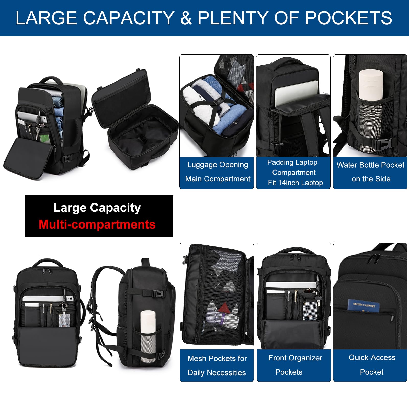 ENZOSUM Mochila Viaje Cabina Avion 40x20x25 para Ryanair Equipaje de Mano 40x20x25 Ryanair Mochila Cabina para Ryanair, Bolsa de Viaje Ryanair Mochilas Hombre Mujer para Ordenador Portátil 20L Negro — view 3