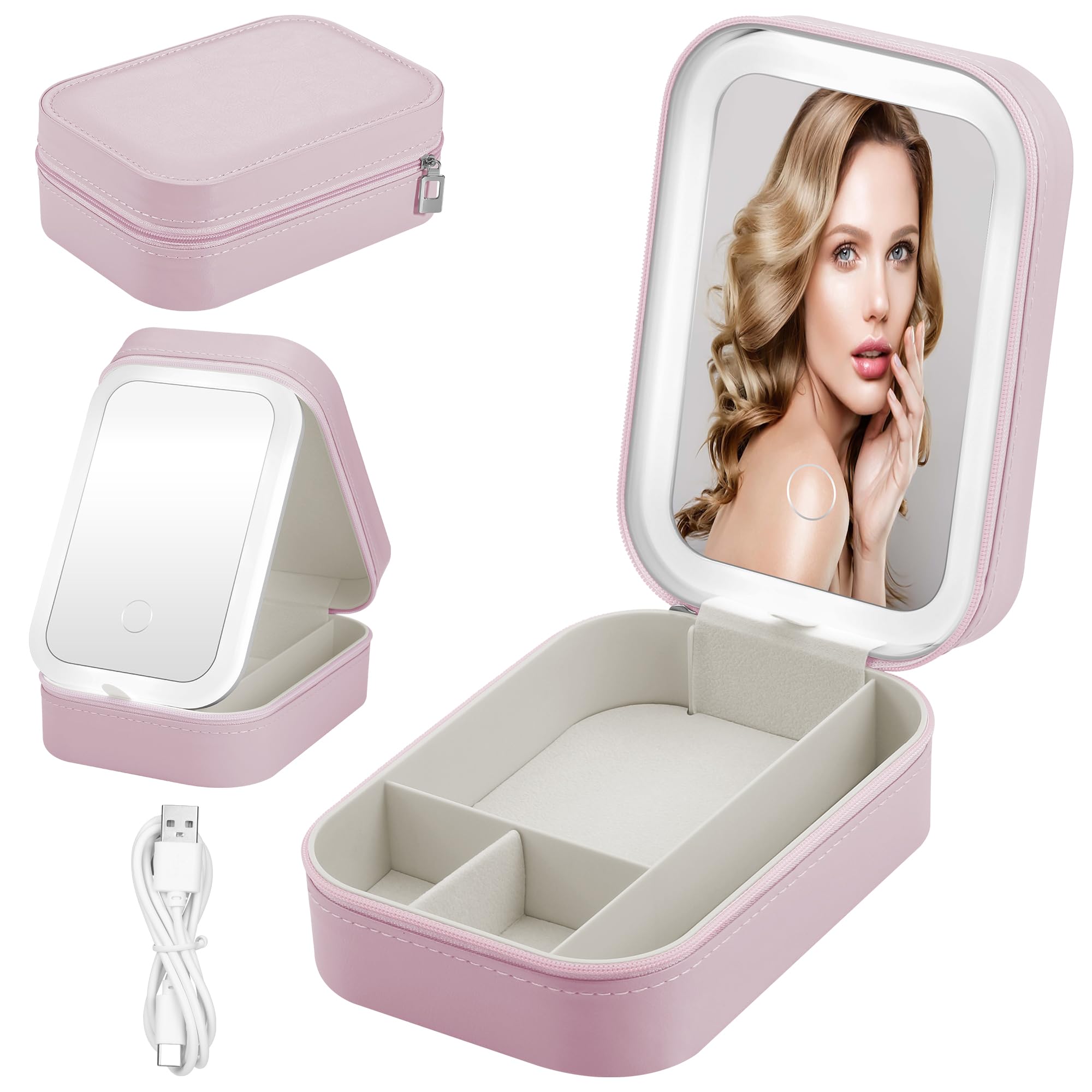 Travel Makeup Bag with Led Illuminated Mirror, 3 Colours LED Light Cosmetic Case, Portable Travel Jewellery Makeup Organiser Gift for Women Outing Trip Tour Travel, Pink, Portable-image-14