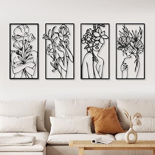 Miniatura 3 de 4 piezas de metal minimalista abstracto para mujer, arte de pared, dibujo de línea, arte minimalista de una sola línea, arte de pared colgante para