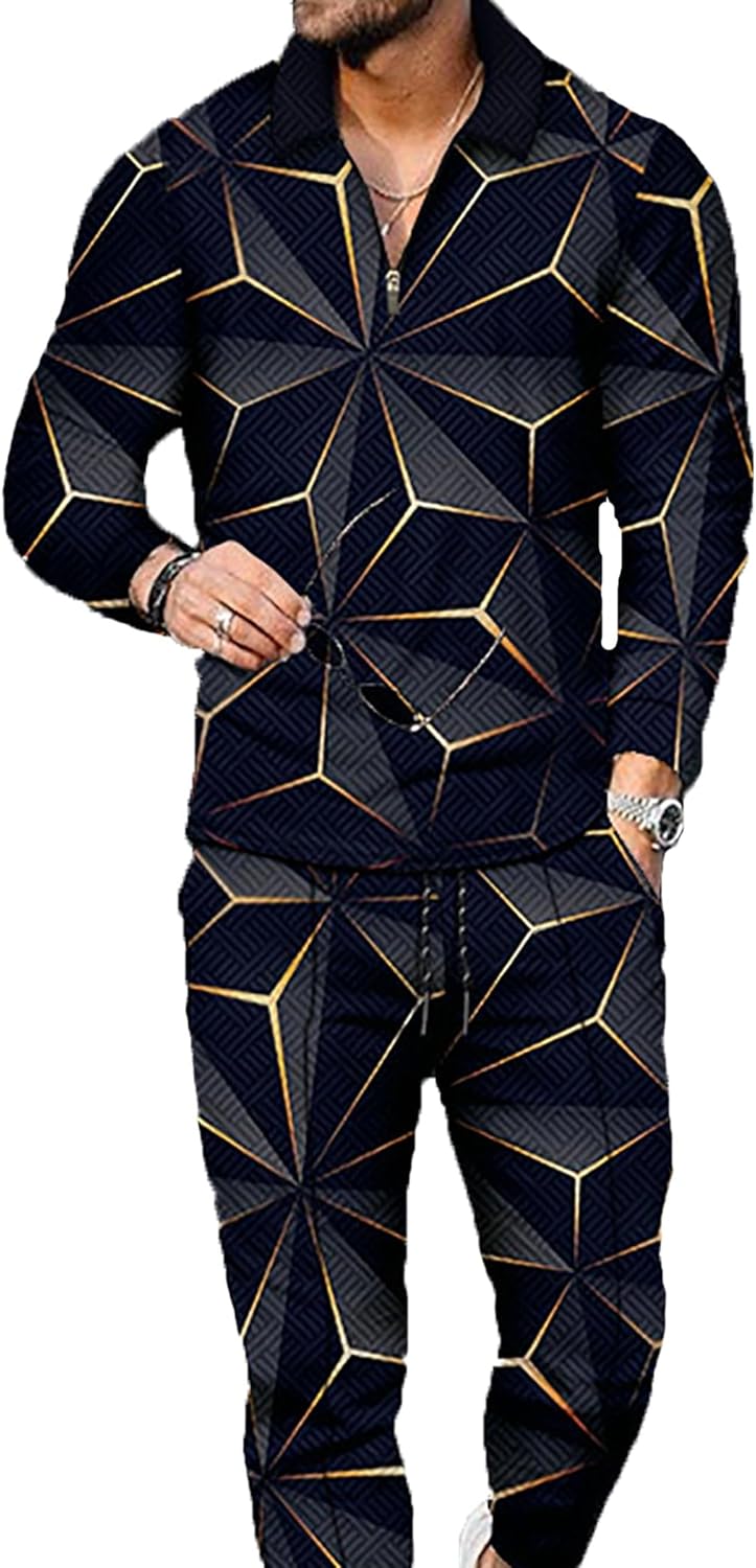 Mens Tracksuit Set 2 Piece Long Sleeve Polo Shirt and Pants Jogging Sweatsuits Sets Casual Fashion Vacation Outfits