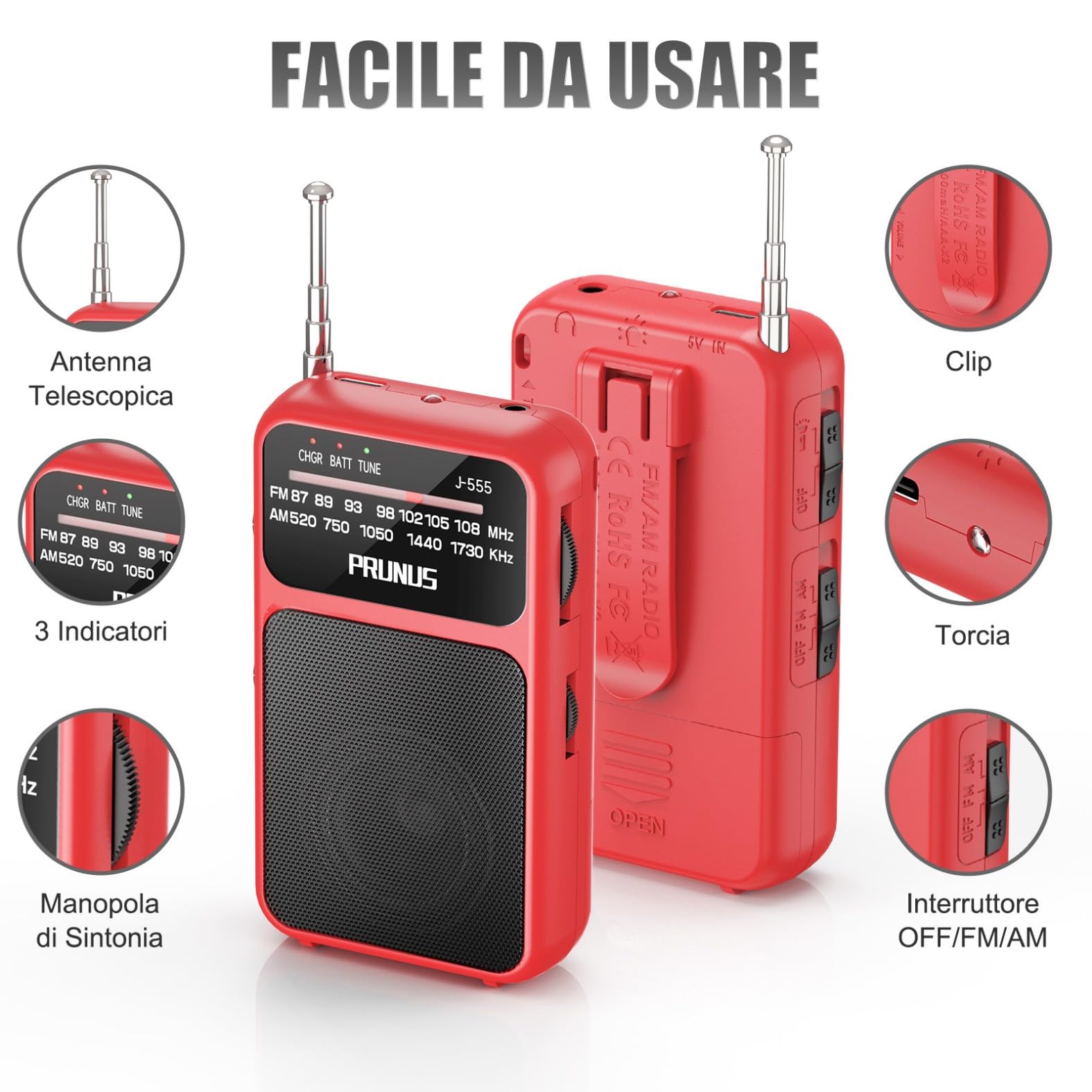 PRUNUS J-555 Radio Portatile Ricaricabile FM/AM con Batterie AAA, Jack, Clip Posteriore Rosso
