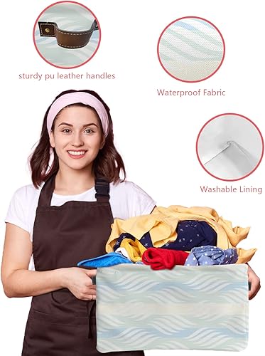 Miniatura 4 de Teal Blue Striped Storage Basket for Organizing Shelves, Collapsible Storage Bins Boxes with Handle, Modern White Moire Geometric Abstract Art