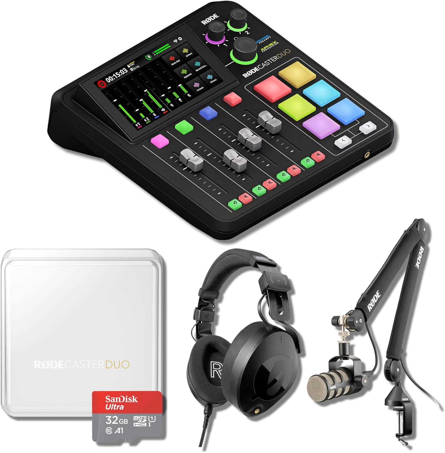 Rode RODECaster Duo with Rode Podmic Dynamic Podcast Microphone, PSA1+ Boom Arm, NTH-100 Studio Headphones, RODECaster Duo Cover, SD Card and XLR Cable
