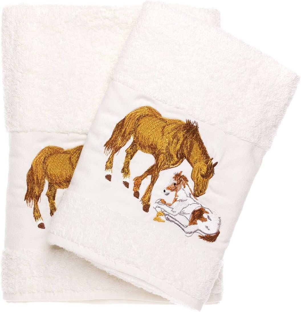 Ebru Luxury Horse Embroidered Ecru Bath and Hand Towel 100% Cotton Bathroom Set & Gift