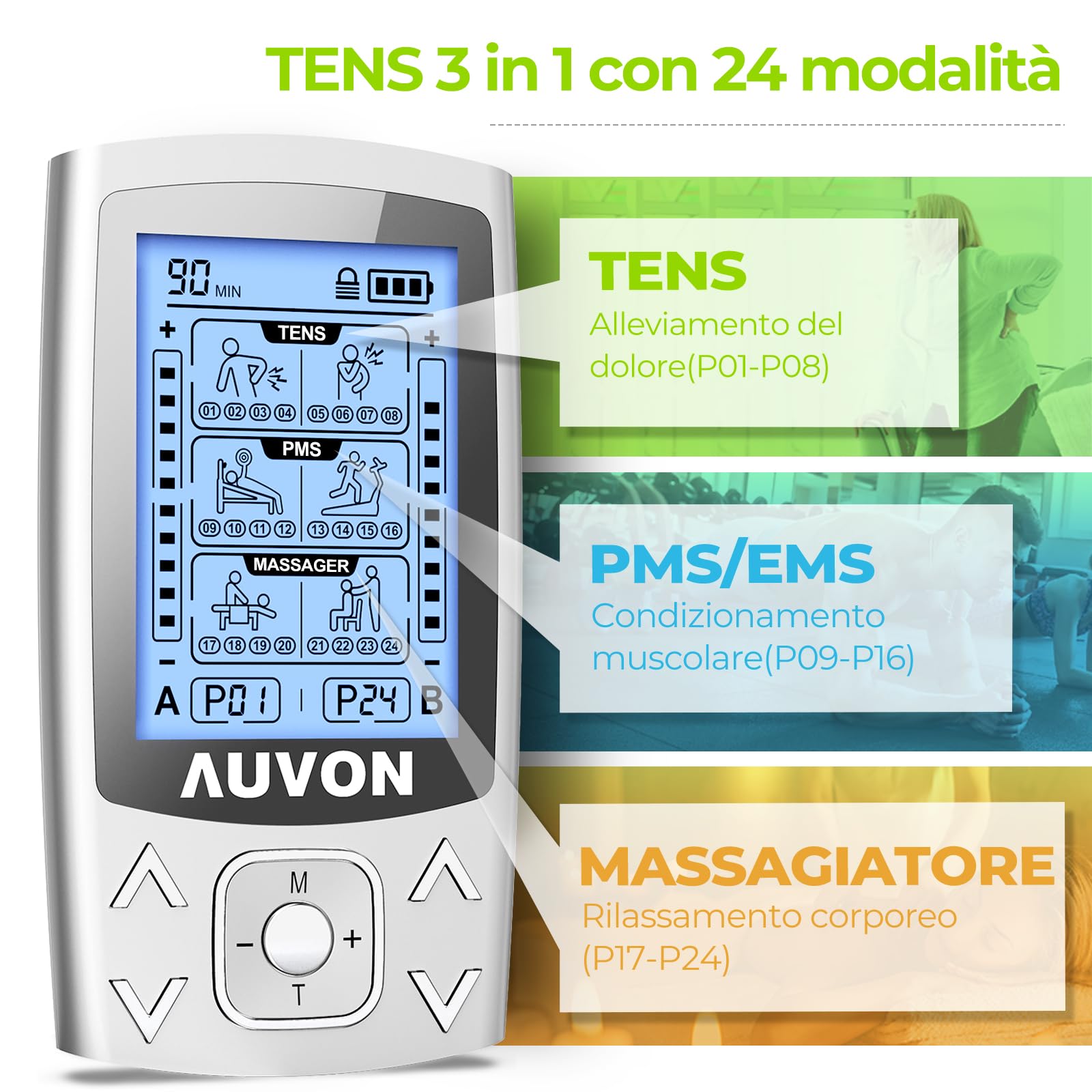AUVON Elettrostimolatore muscolare professionale, 2 canali e 24 modalità TENS Elettrostimolatore 3 in 1 con 12 elettrodi TENS 2"x2" con design brevettato per alleviare il dolore e costruire muscoli