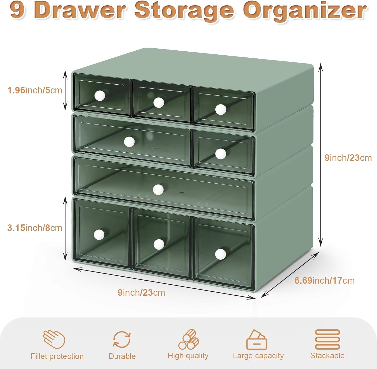 Desk Organizer with 9 Drawers, 4 Tier Plastic Stackable Storage Drawers for Desk Storage, Office Stationary Makeup Organizer Suit for Home, Office and School