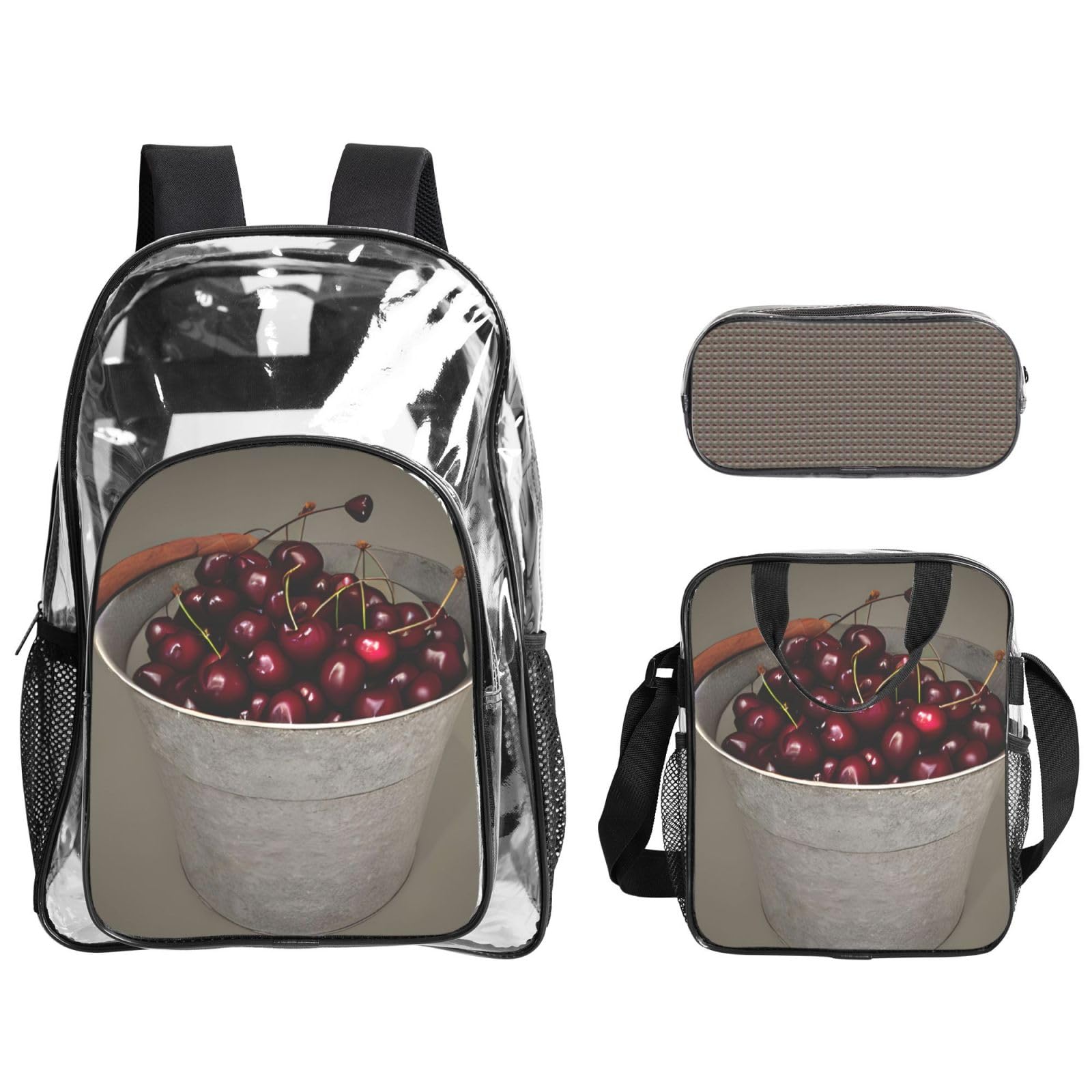 Zaino trasparente con stampa di ciliegie, unisex, per viaggi all'aperto, con astuccio trasparente per 3 penne